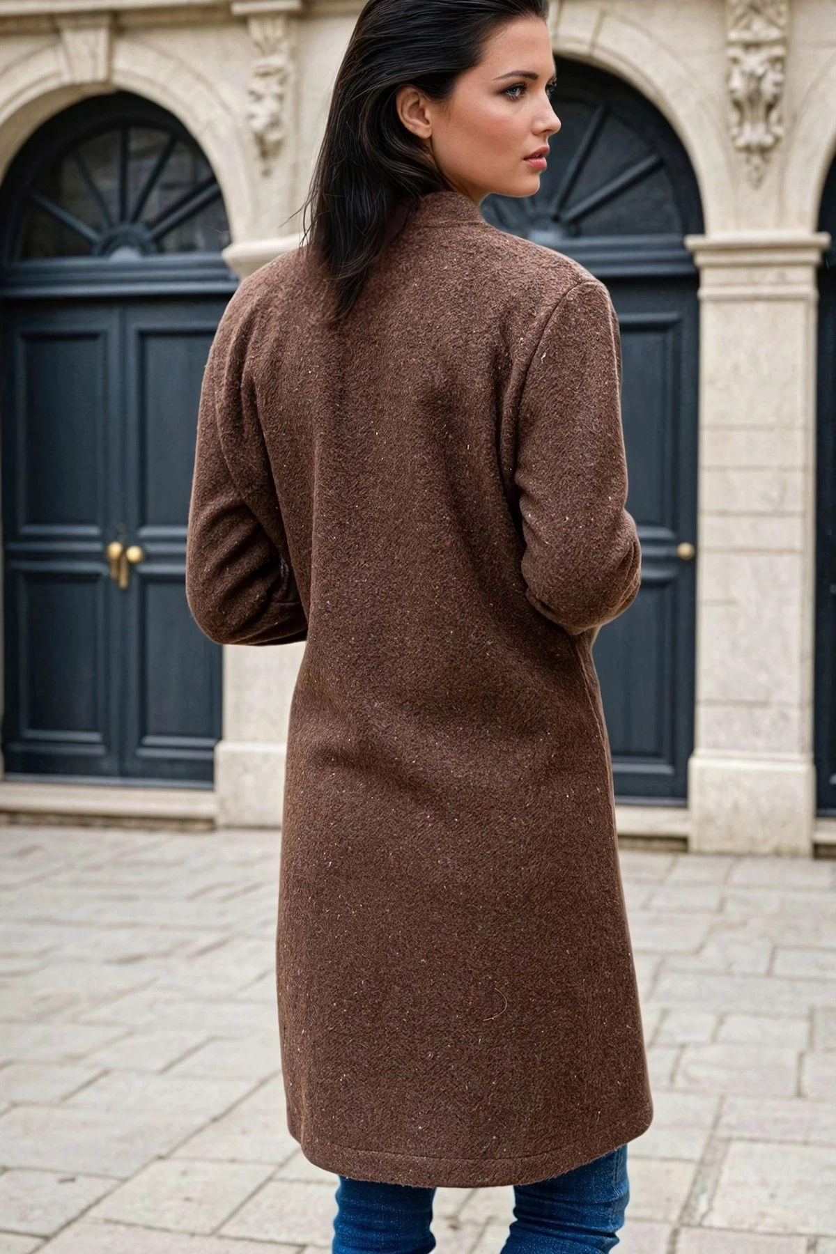 Kahve, Deri Tokalı, Zincir Garnili, Hakim Yaka, Kaşe Kaban