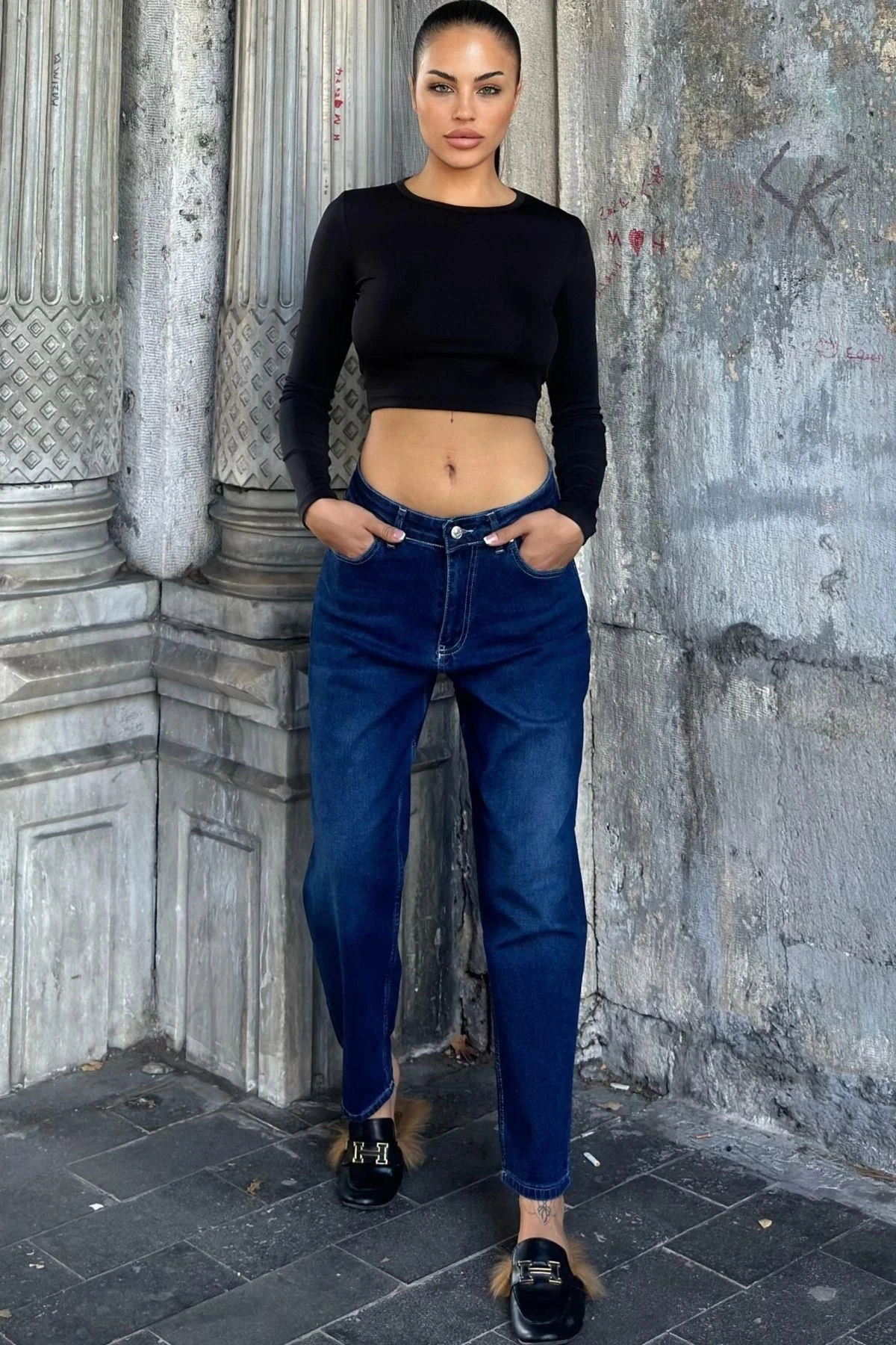 Koyu Mavi Yüksek Bel, Mom Jean Kot Pantolon