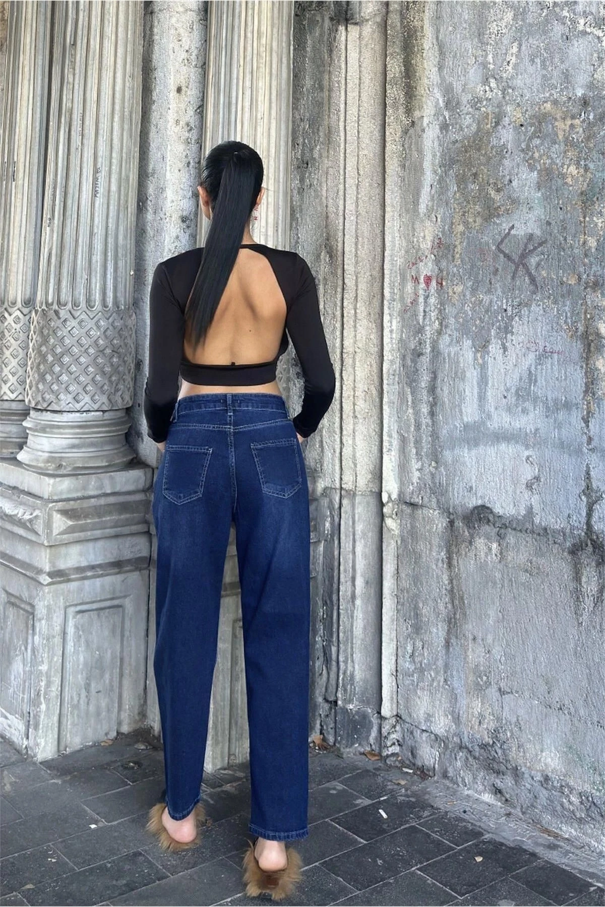 Koyu Mavi Yüksek Bel, Mom Jean Kot Pantolon