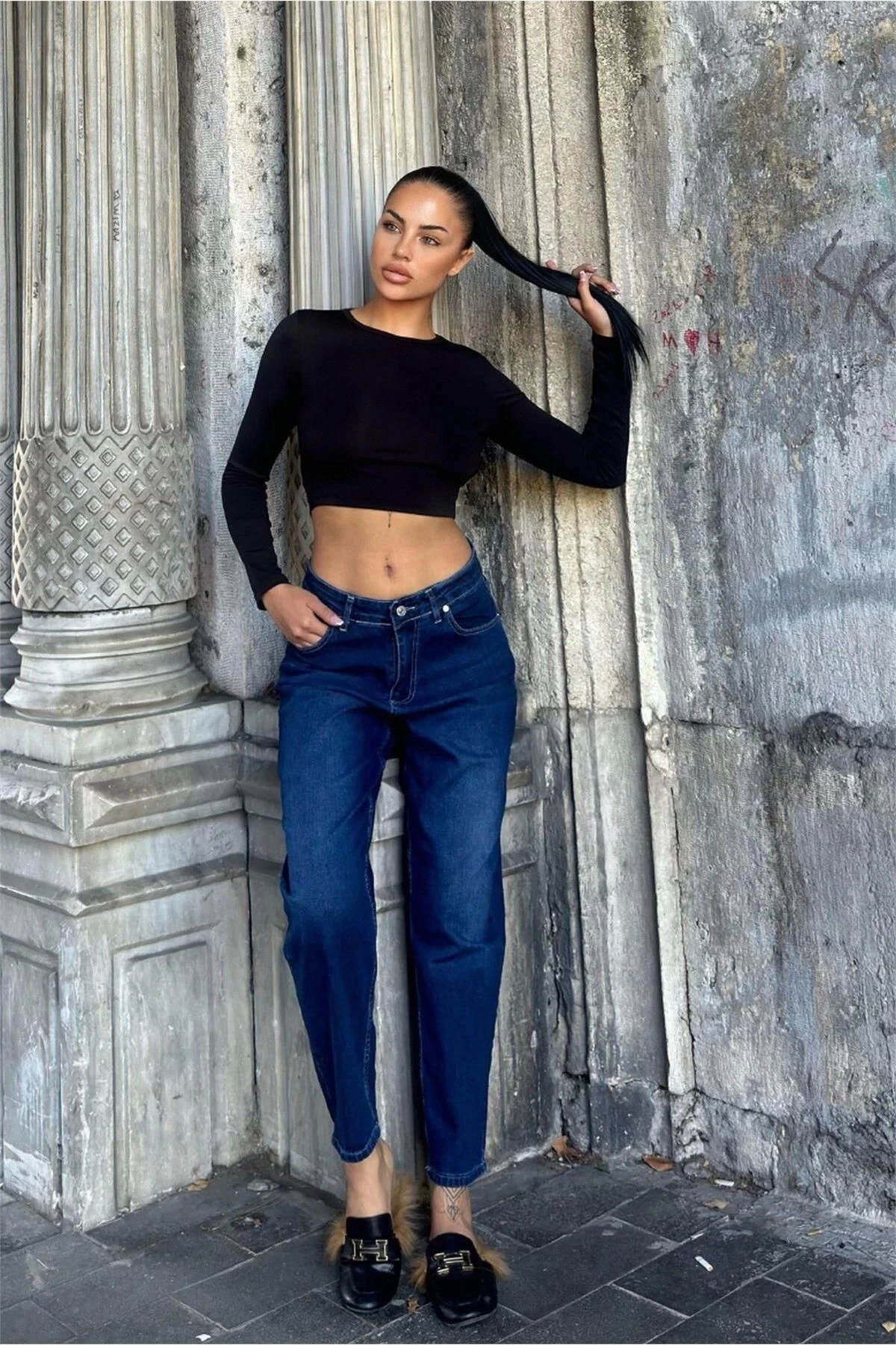 Koyu Mavi Yüksek Bel, Mom Jean Kot Pantolon