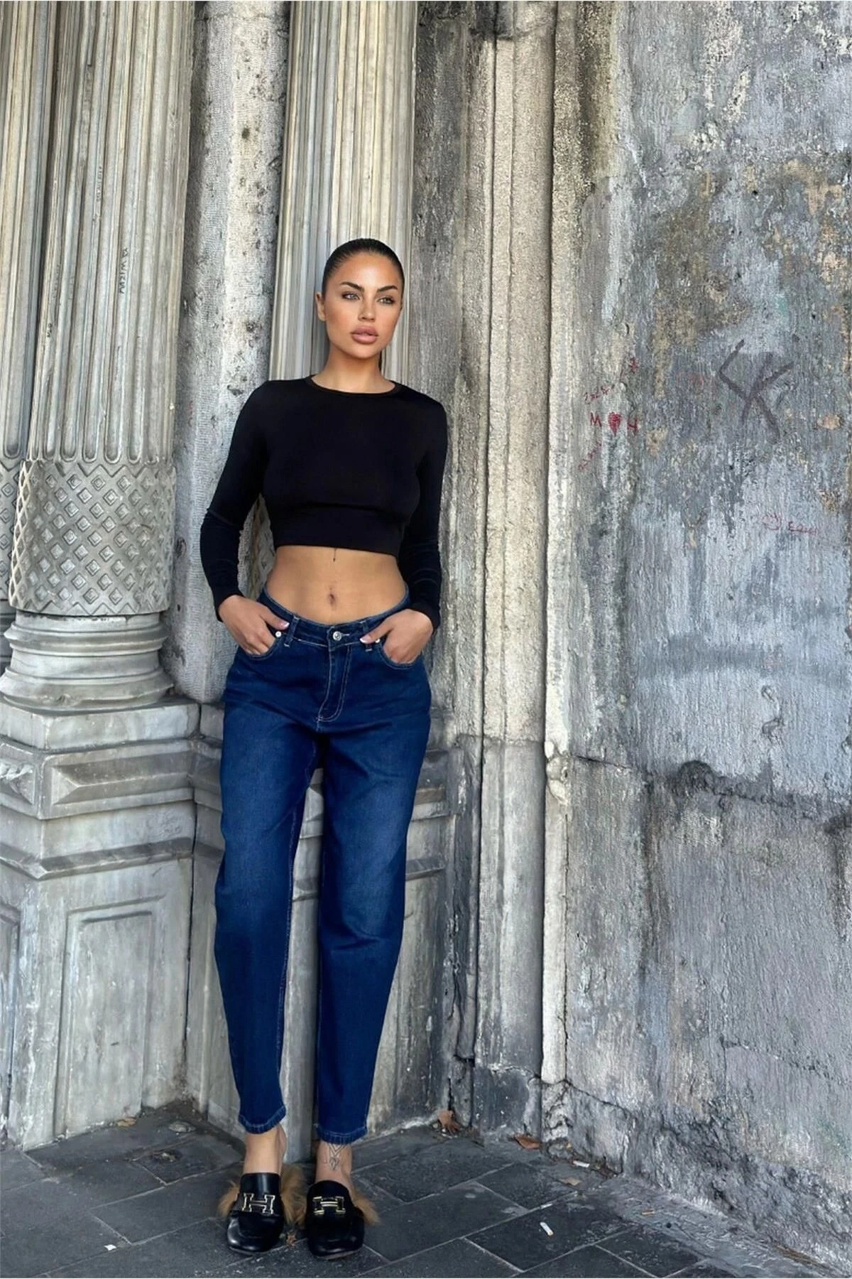 Koyu Mavi Yüksek Bel, Mom Jean Kot Pantolon