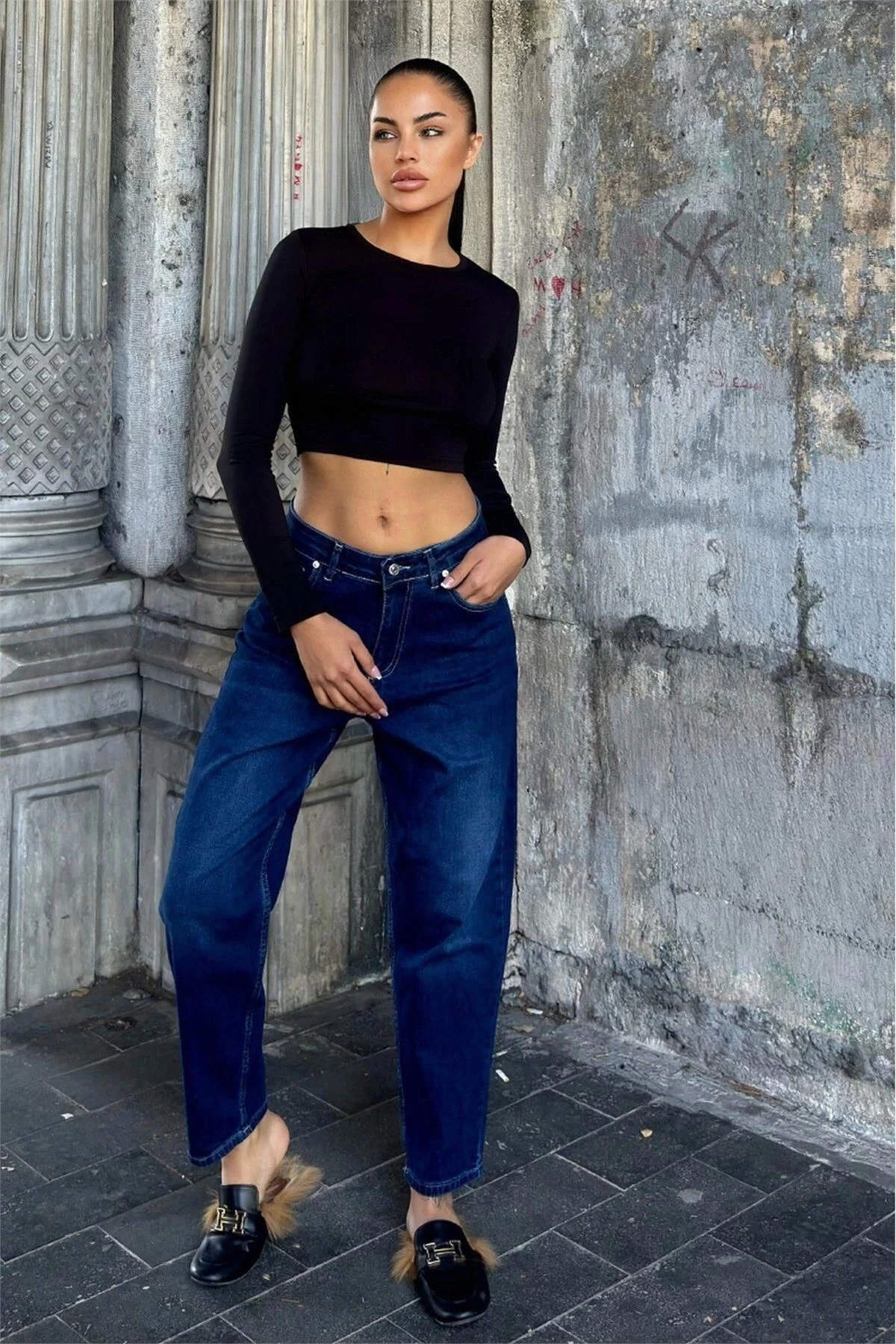 Koyu Mavi Yüksek Bel, Mom Jean Kot Pantolon