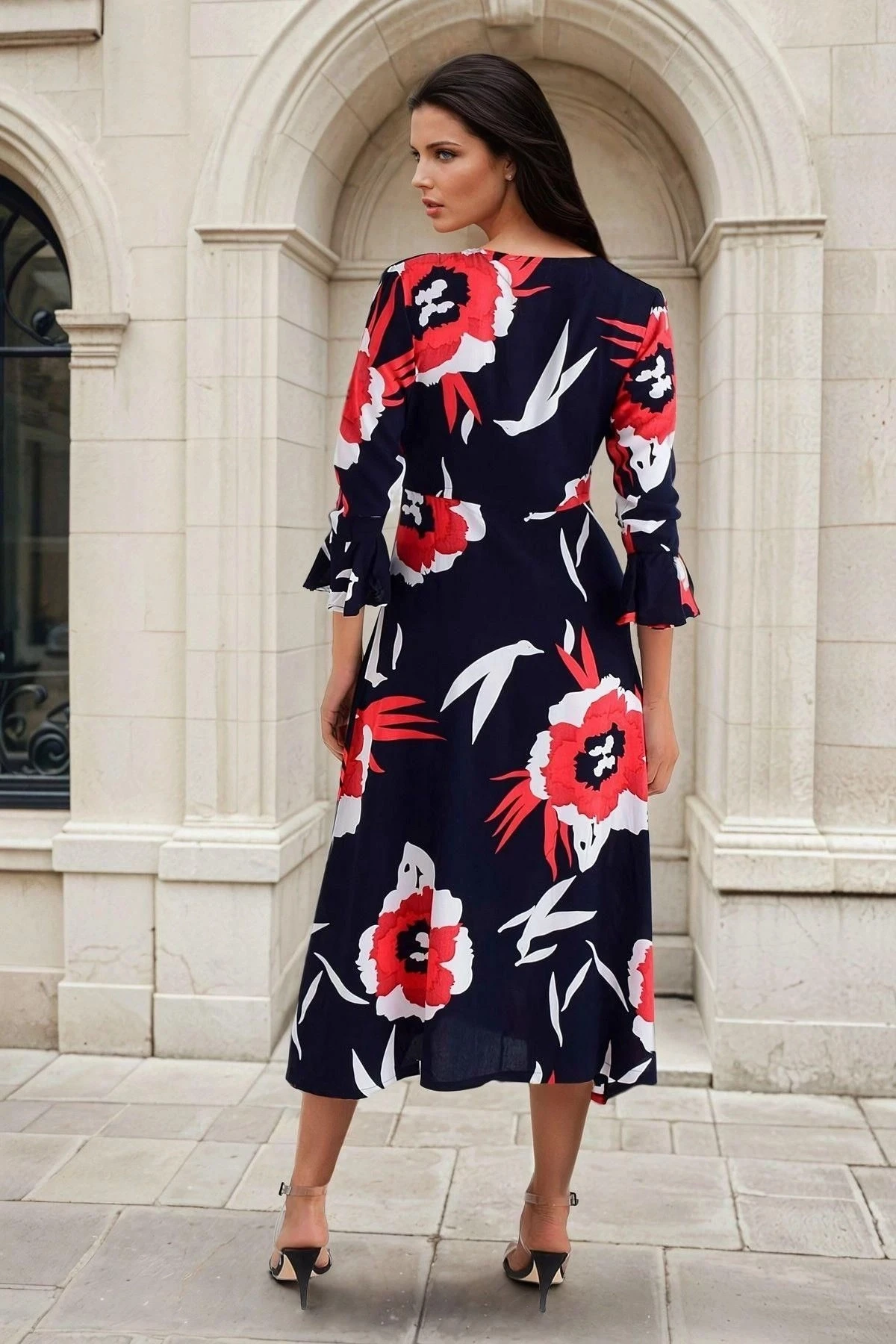 Lacivert Kırmızı Kruvaze Yaka, Çiçek Desenli, Truvakar Kol, Uzun Elbise