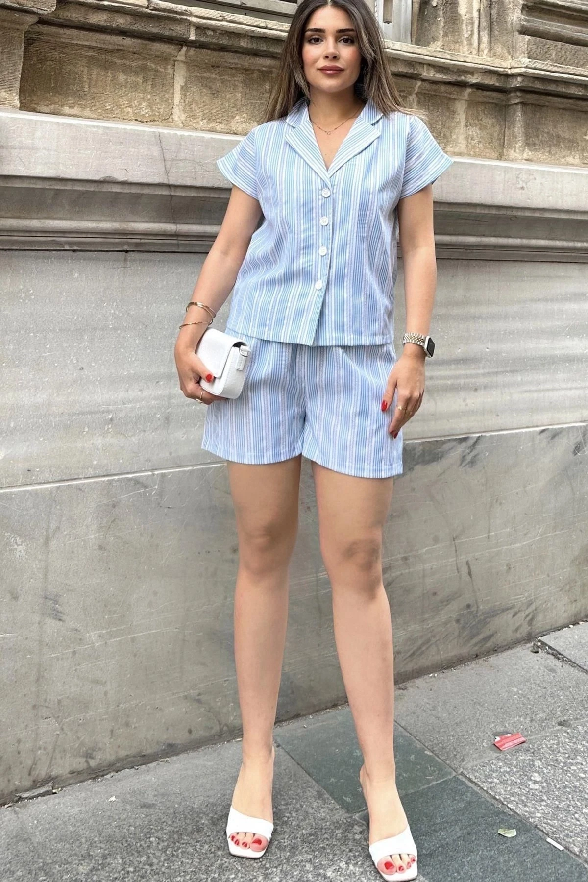 Mavi Apaş Yaka, Kısa Kol Gömlek & Beli Lastikli, Cepli Şort - Çizgi Desen Fisto Alt Üst Takım