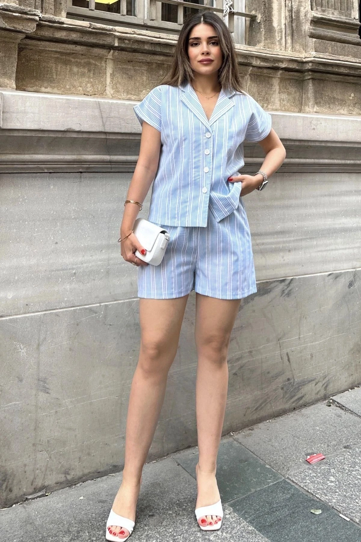 Mavi Apaş Yaka, Kısa Kol Gömlek & Beli Lastikli, Cepli Şort - Çizgi Desen Fisto Alt Üst Takım