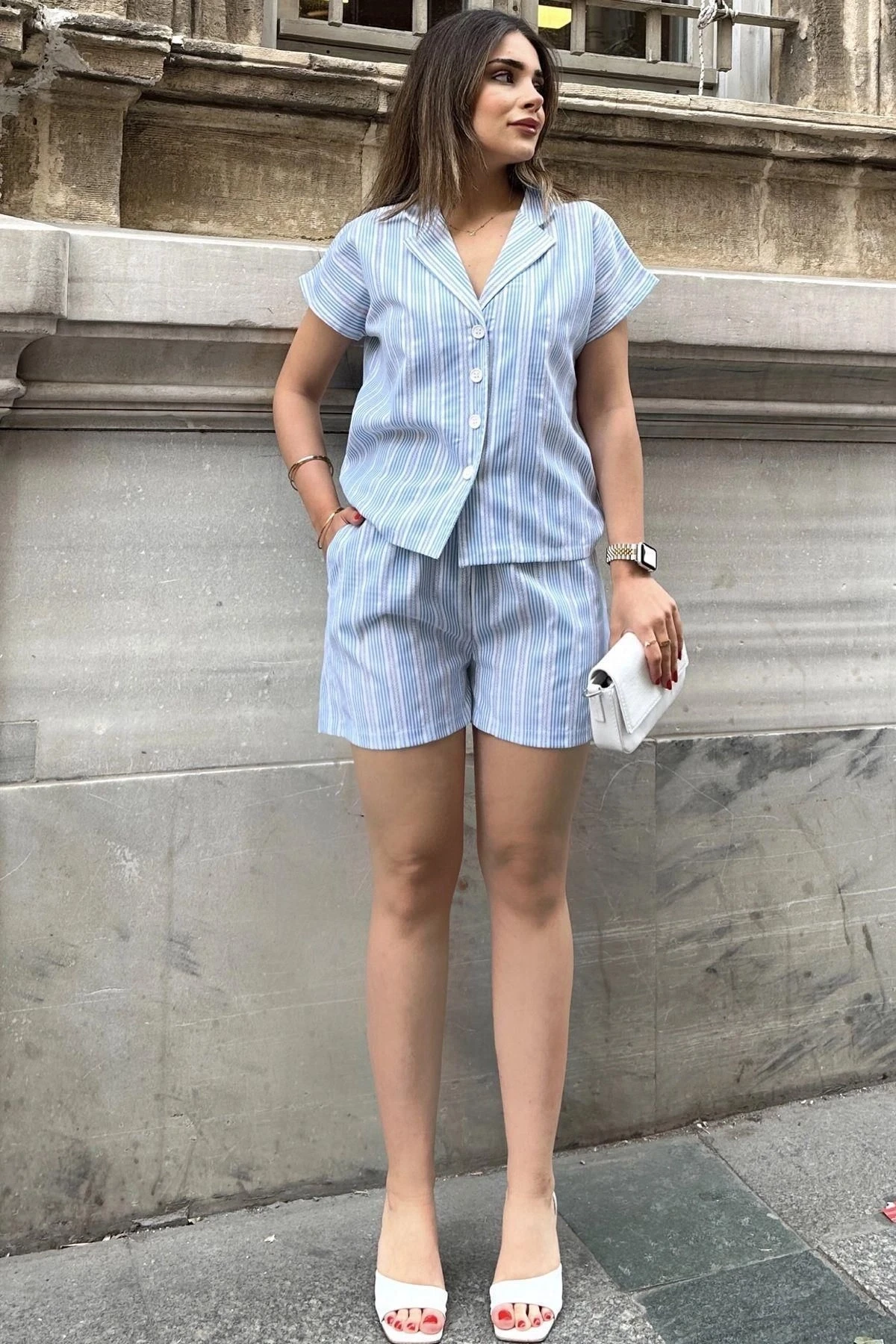 Mavi Apaş Yaka, Kısa Kol Gömlek & Beli Lastikli, Cepli Şort - Çizgi Desen Fisto Alt Üst Takım