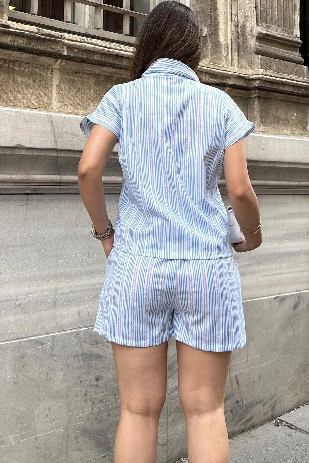 Mavi Apaş Yaka, Kısa Kol Gömlek & Beli Lastikli, Cepli Şort - Çizgi Desen Fisto Alt Üst Takım