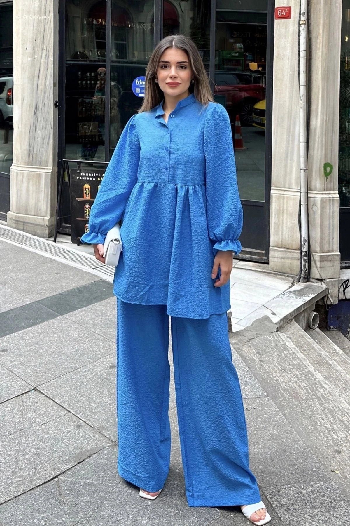 Mavi Hakim Yaka, Balon Kol, Tunik & Bol Paça Pantolon - Fırfırlı Salaş Alt & Üst Pamuklu Takım