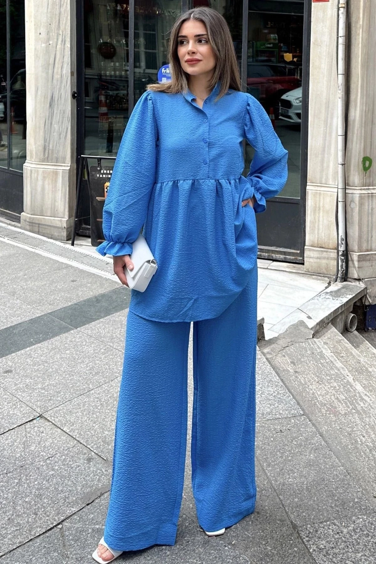 Mavi Hakim Yaka, Balon Kol, Tunik & Bol Paça Pantolon - Fırfırlı Salaş Alt & Üst Pamuklu Takım