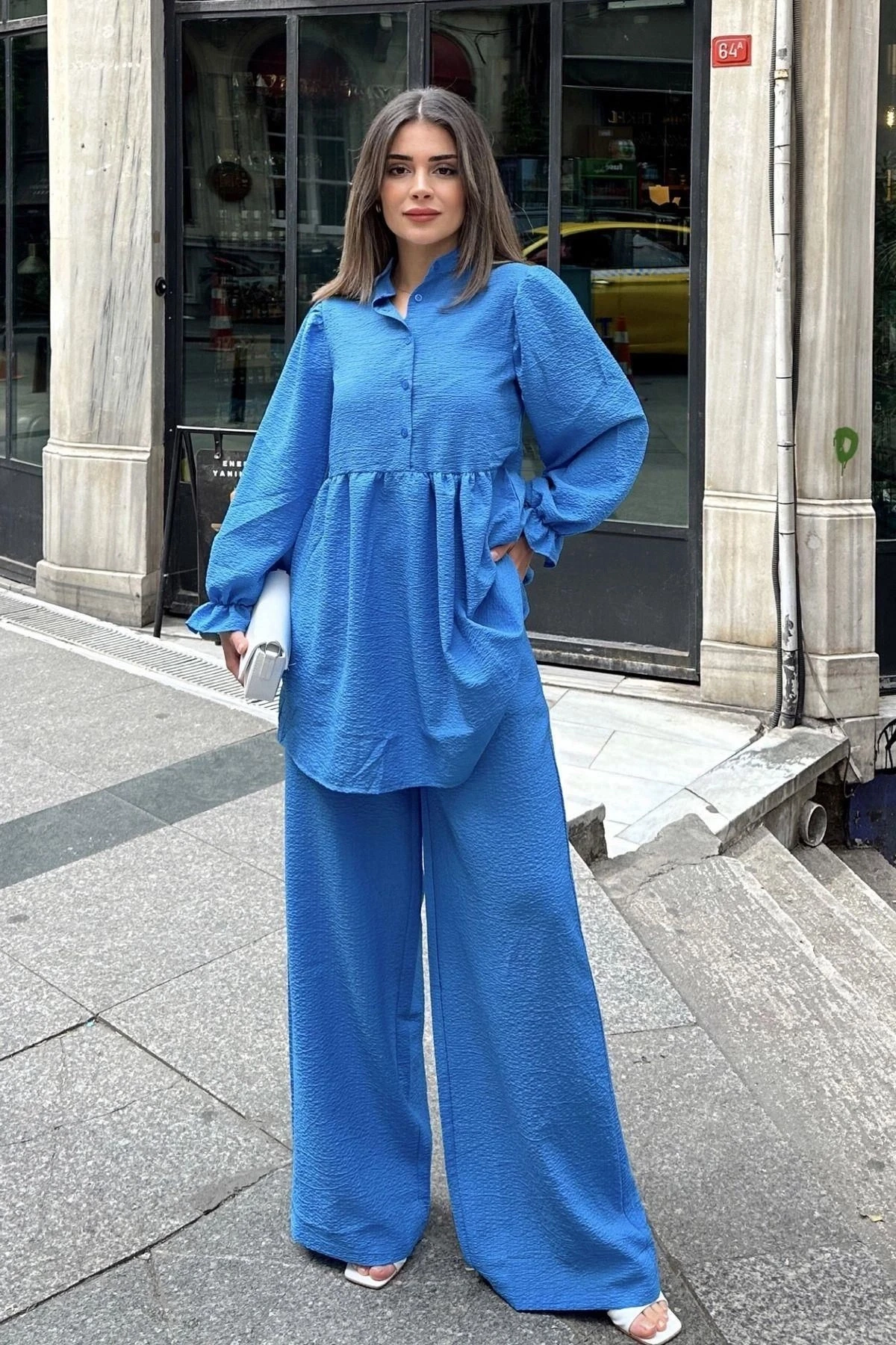 Mavi Hakim Yaka, Balon Kol, Tunik & Bol Paça Pantolon - Fırfırlı Salaş Alt & Üst Pamuklu Takım