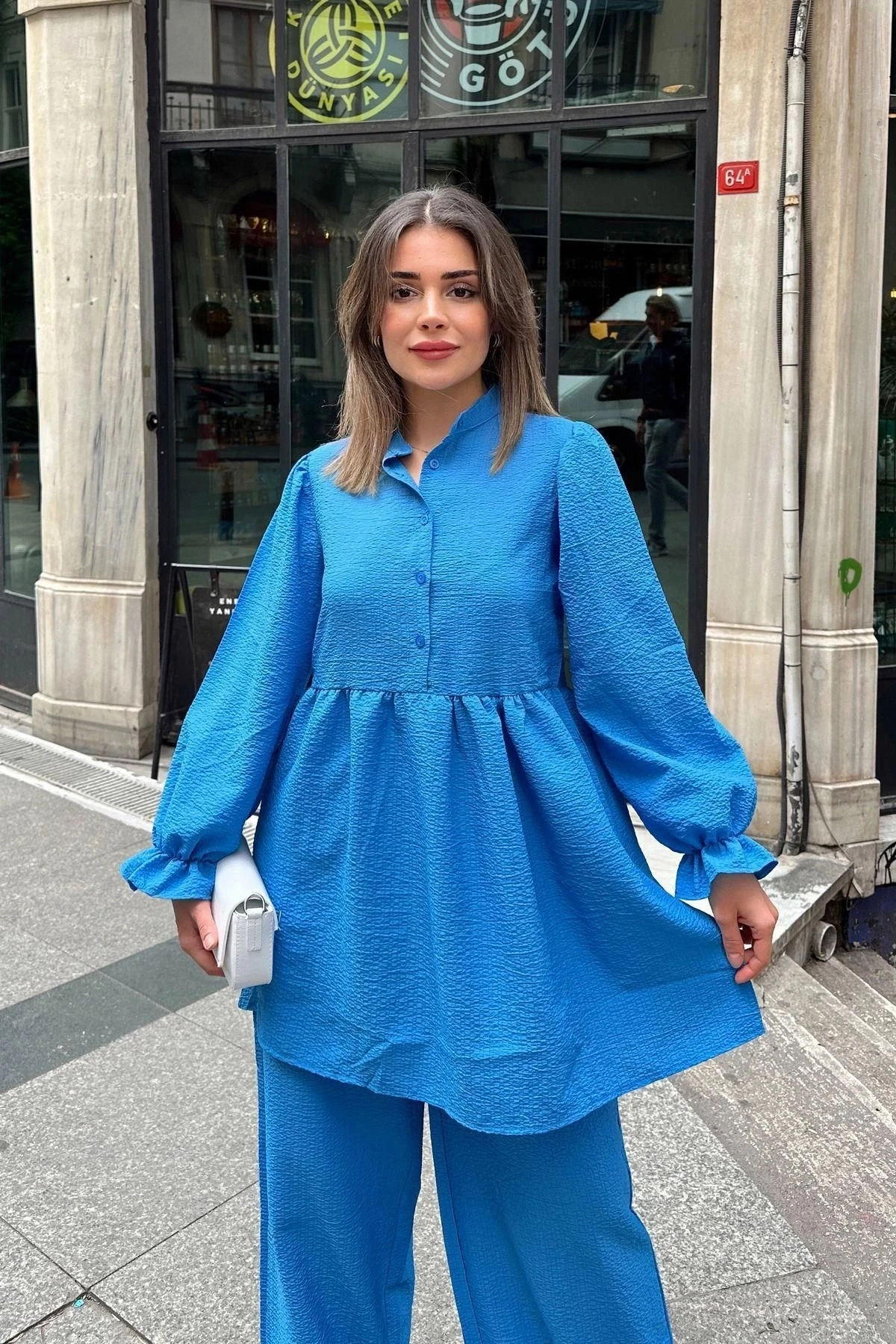 Mavi Hakim Yaka, Balon Kol, Tunik & Bol Paça Pantolon - Fırfırlı Salaş Alt & Üst Pamuklu Takım