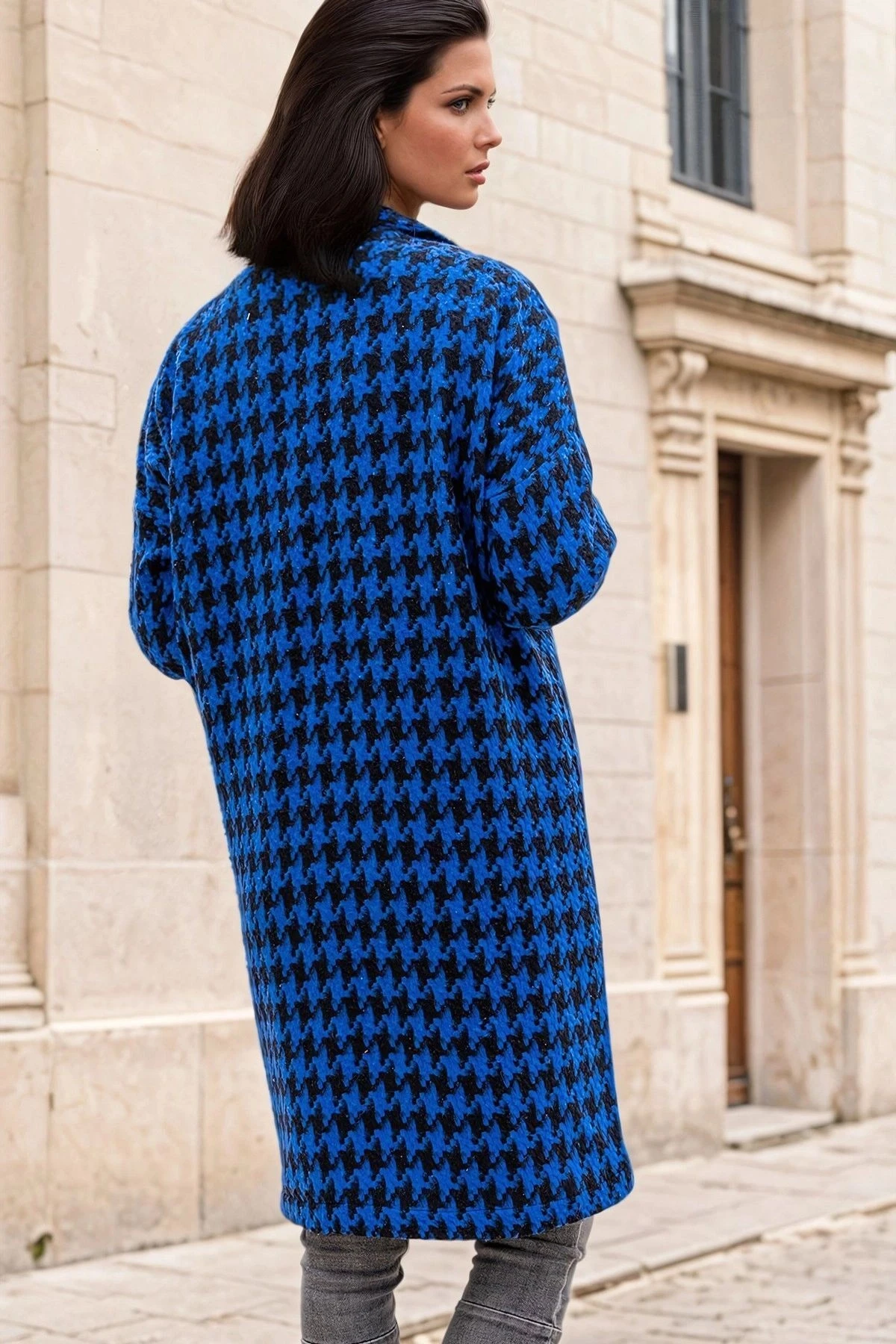 Mavi Kaz Ayağı Desenli, Cep Detaylı, Uzun Kaban