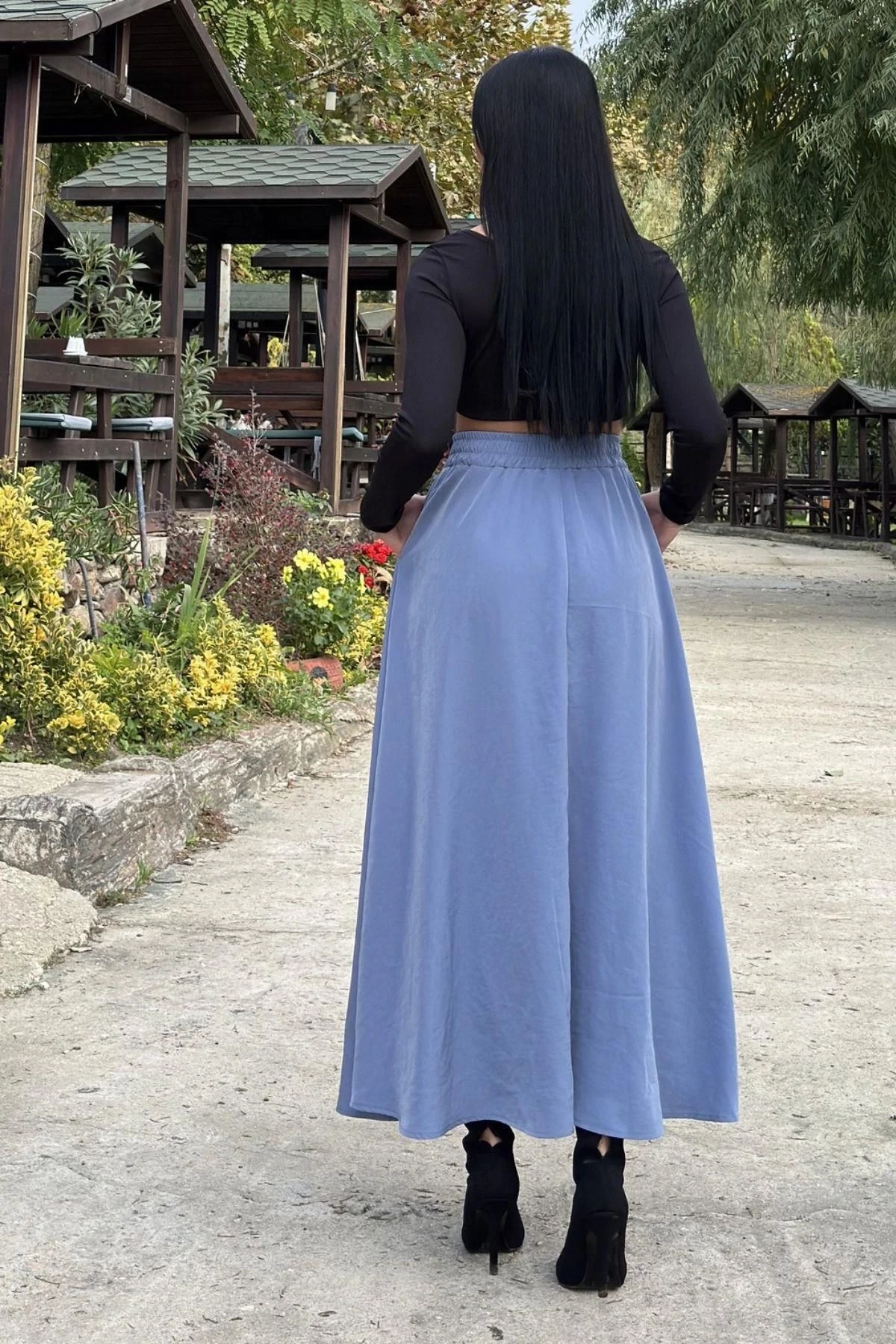 Mavi Lastikli Yüksek Bel, A Kesim, Dökümlü Ve Salaş, Uzun Kupra Etek