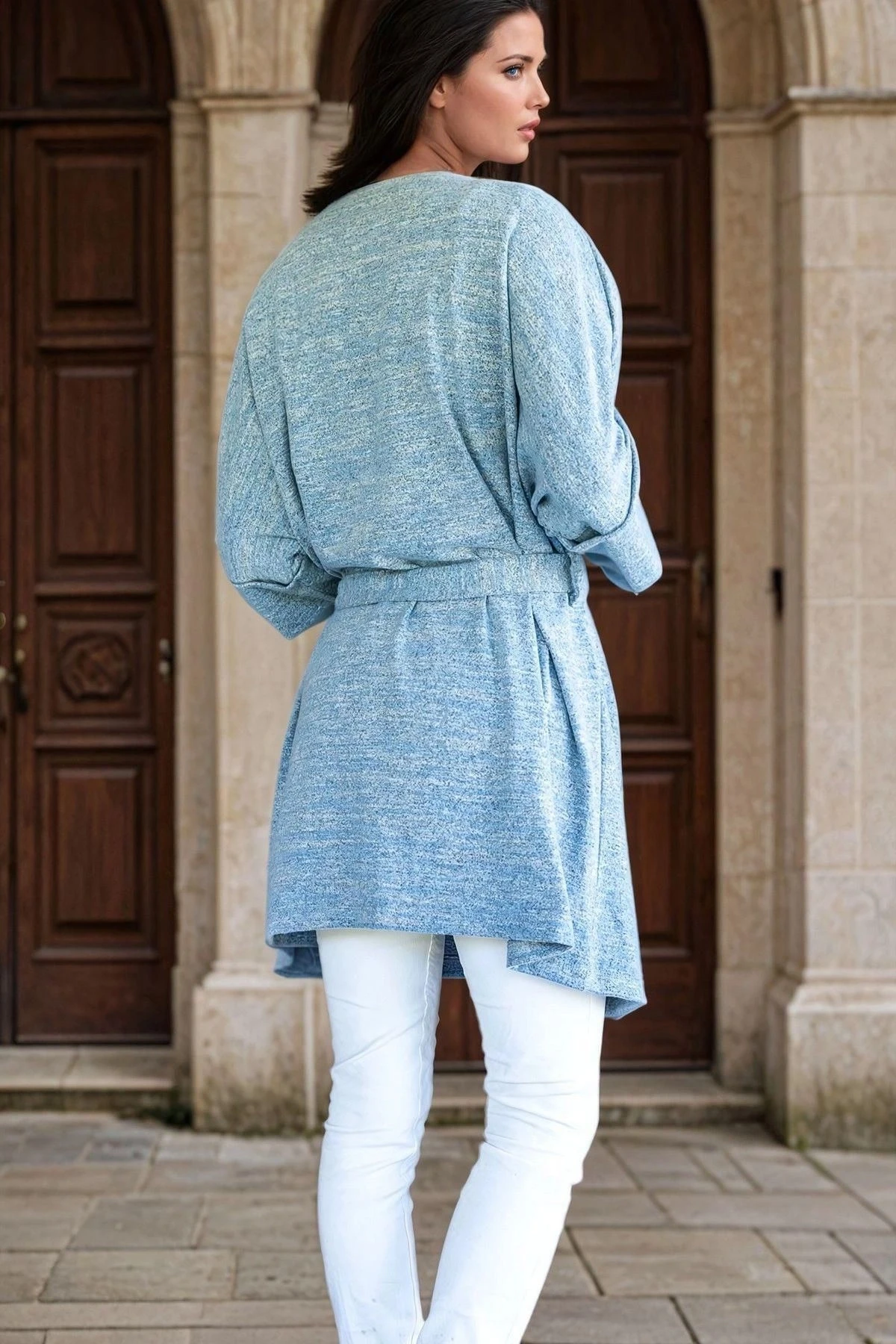 Mavi Rahat Kesim, Kuşak Ve Cep Detaylı, İnce Triko Hırka