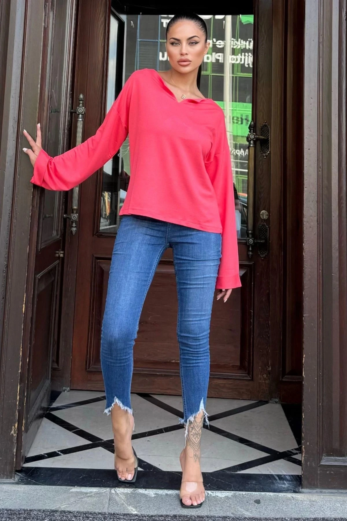 Mercan Kısa Kollu Pamuklu Bluz