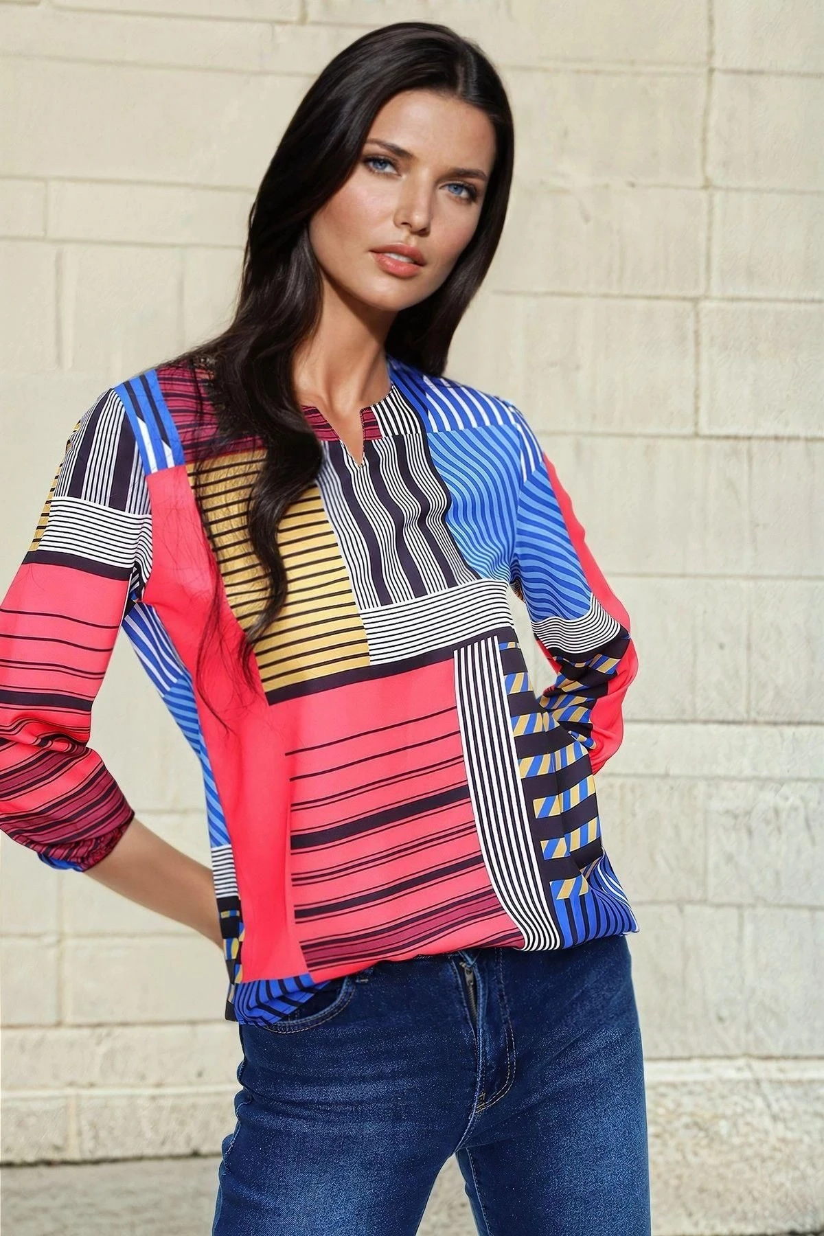Mix Çizgili, Renk Blok Desenli, Şık Bluz
