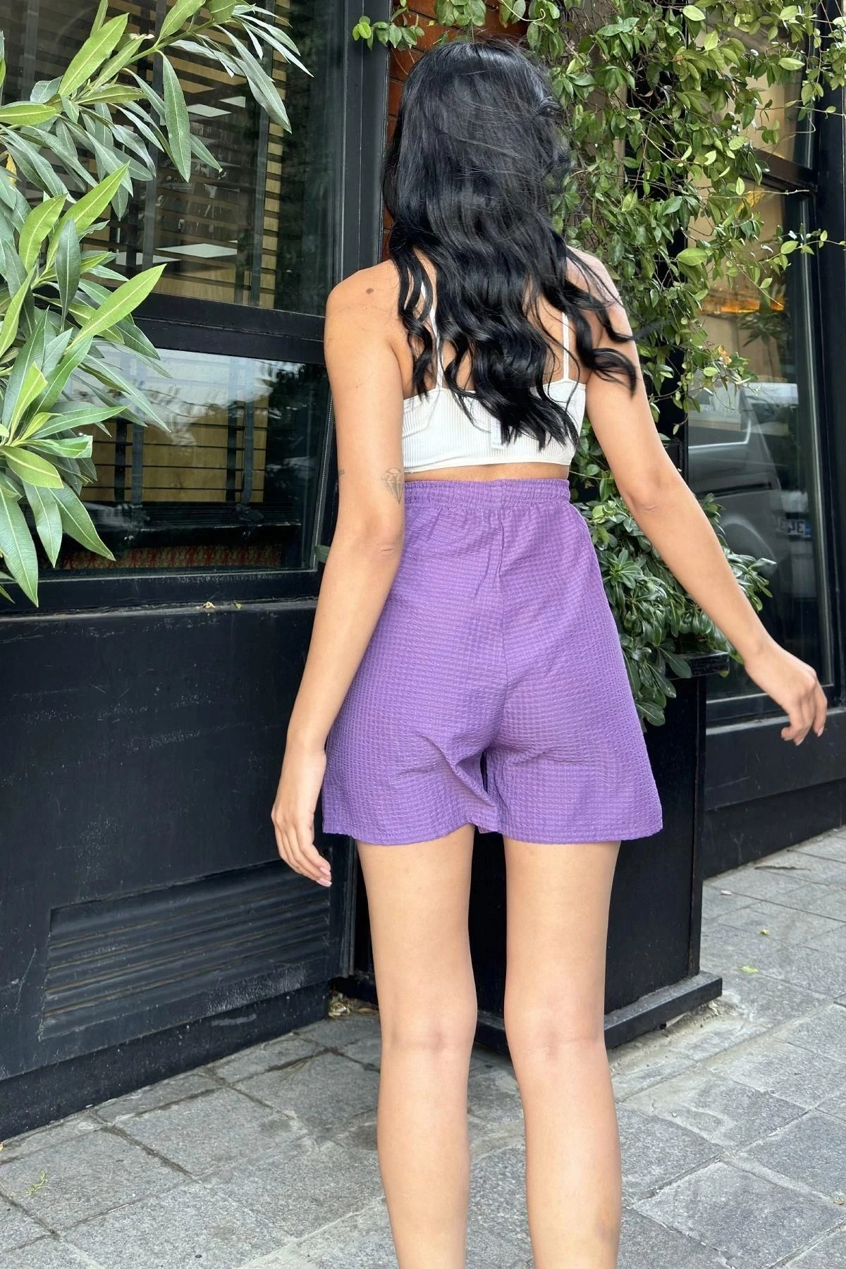 Mor Yüksek Bel Gofre Rahat Şort