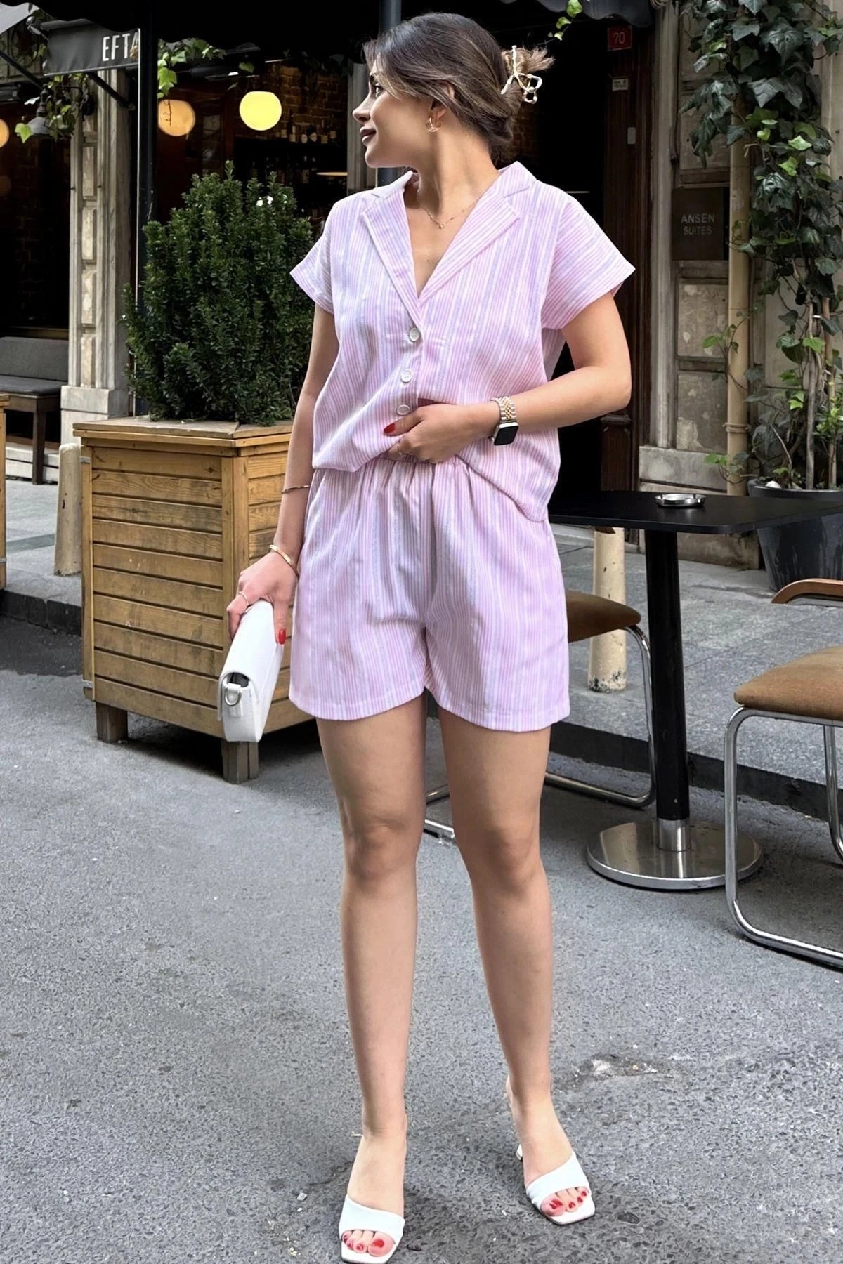 Pembe Apaş Yaka, Kısa Kol Gömlek & Beli Lastikli, Cepli Şort - Çizgi Desen Fisto Alt Üst Takım