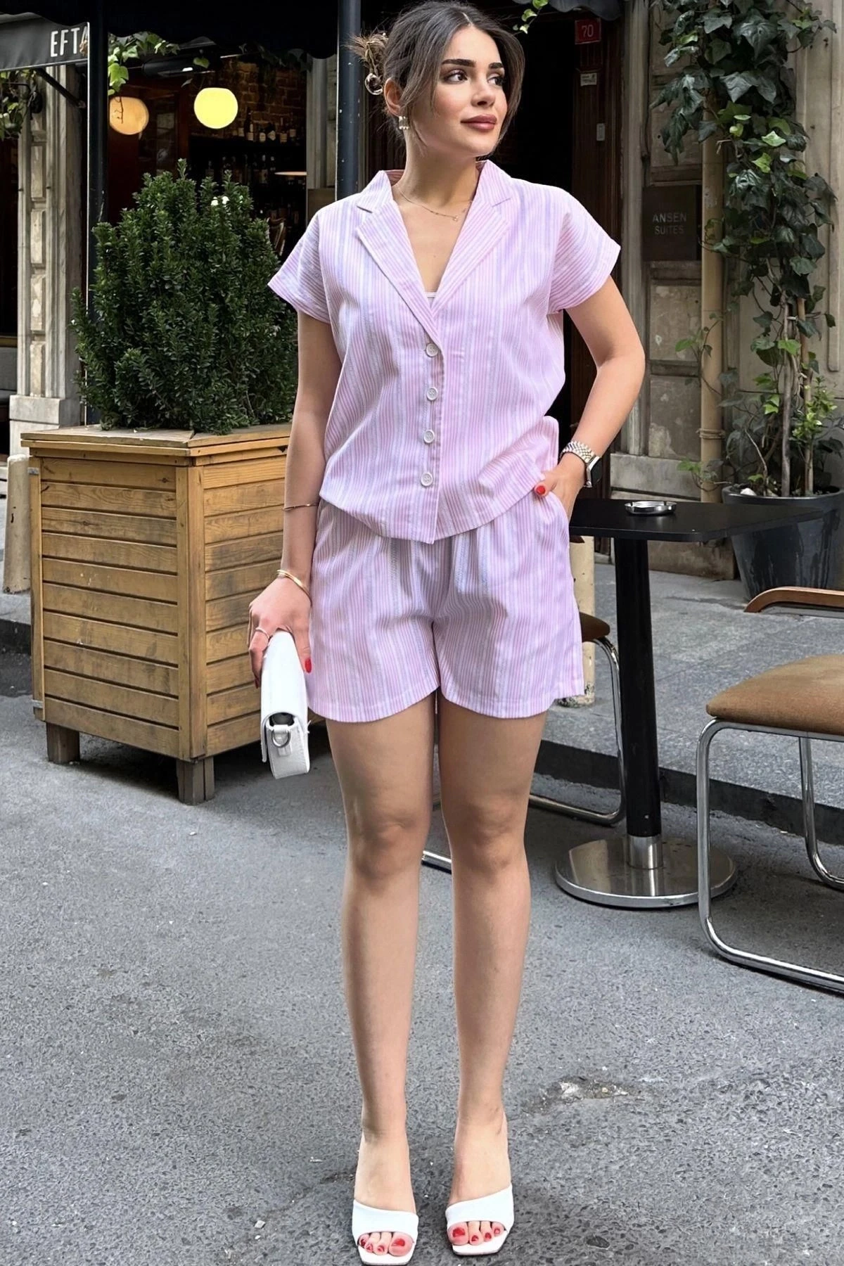 Pembe Apaş Yaka, Kısa Kol Gömlek & Beli Lastikli, Cepli Şort - Çizgi Desen Fisto Alt Üst Takım