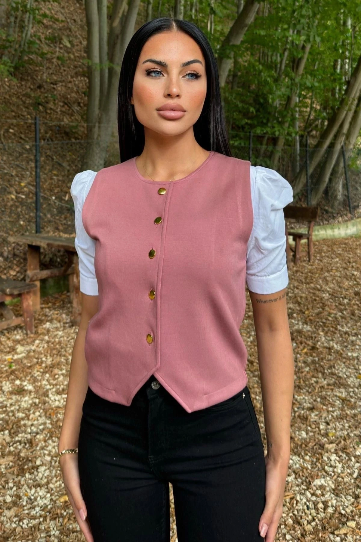 Pembe Yuvarlak Yaka, Gold Düğmeli, Scuba Yelek