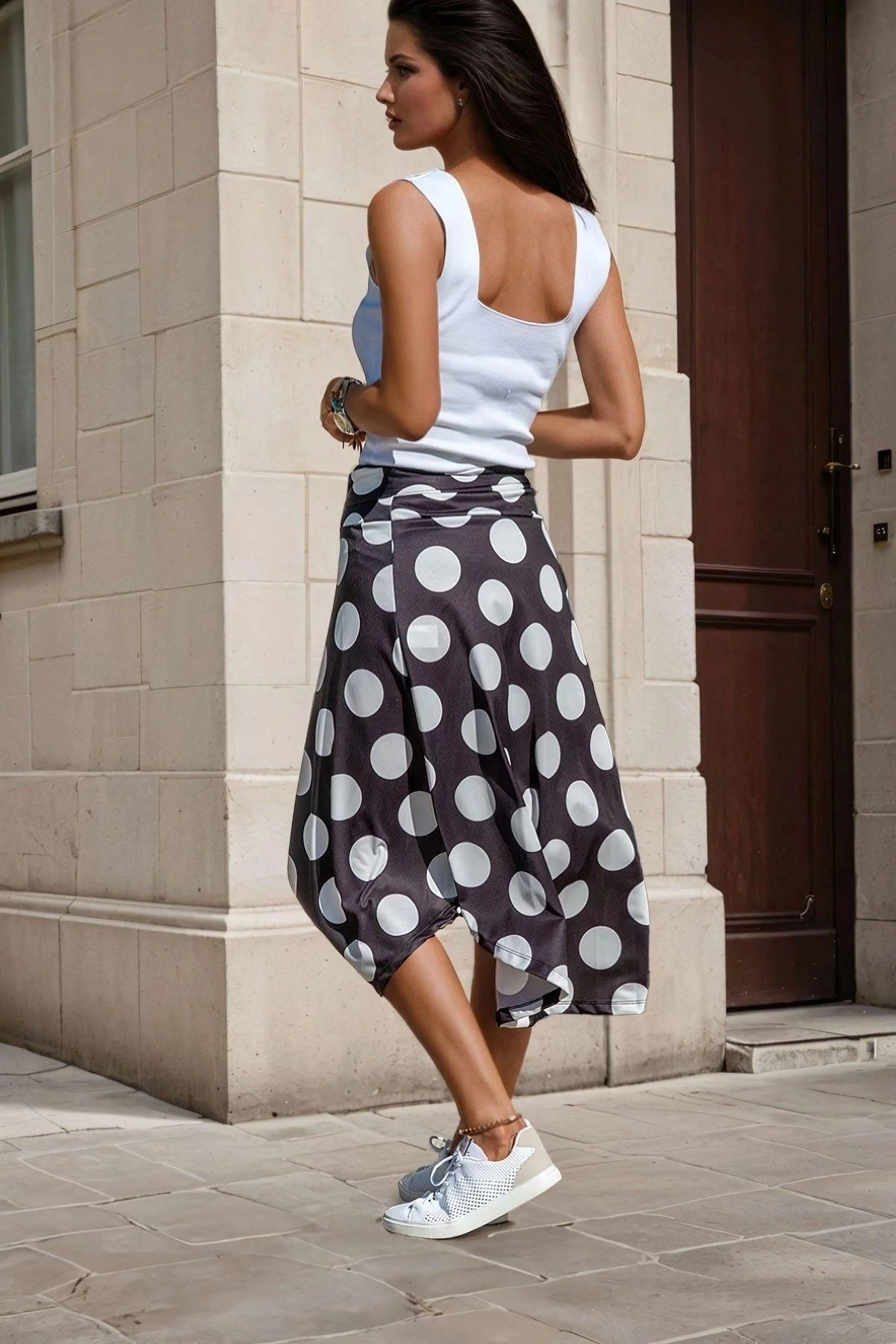 Siyah Bel Bağlama Detaylı, Puantiye Desenli Etek