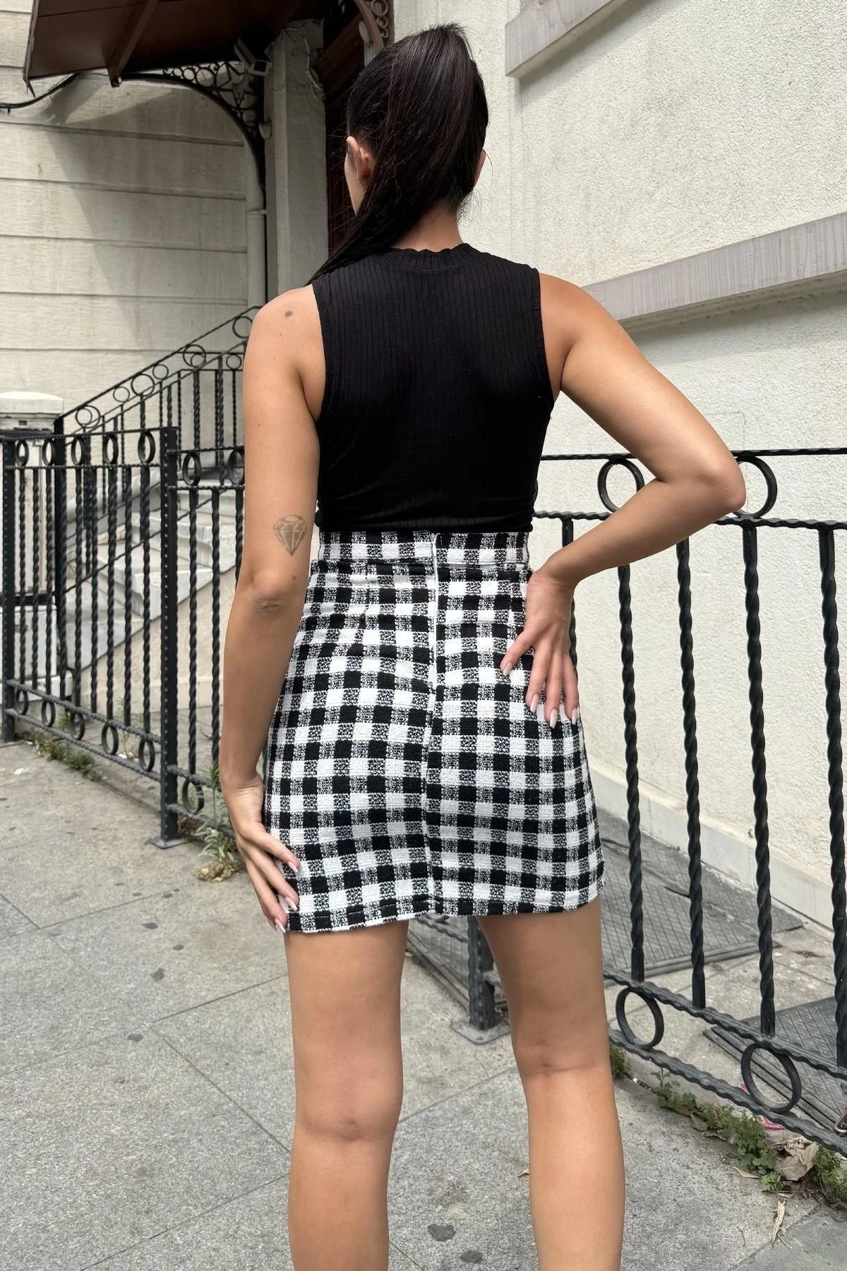 Siyah Ekose Yüksek Bel Mini Etek