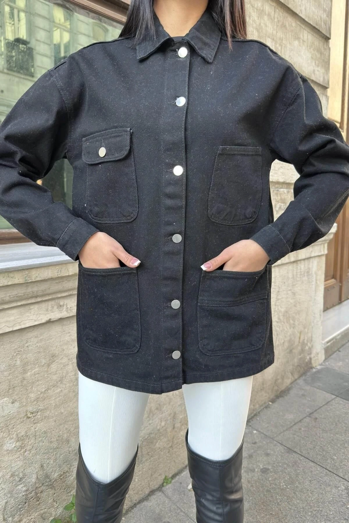 Siyah Geniş Cepli, Düğme Detaylı, Oversize Kot Ceket Gömlek