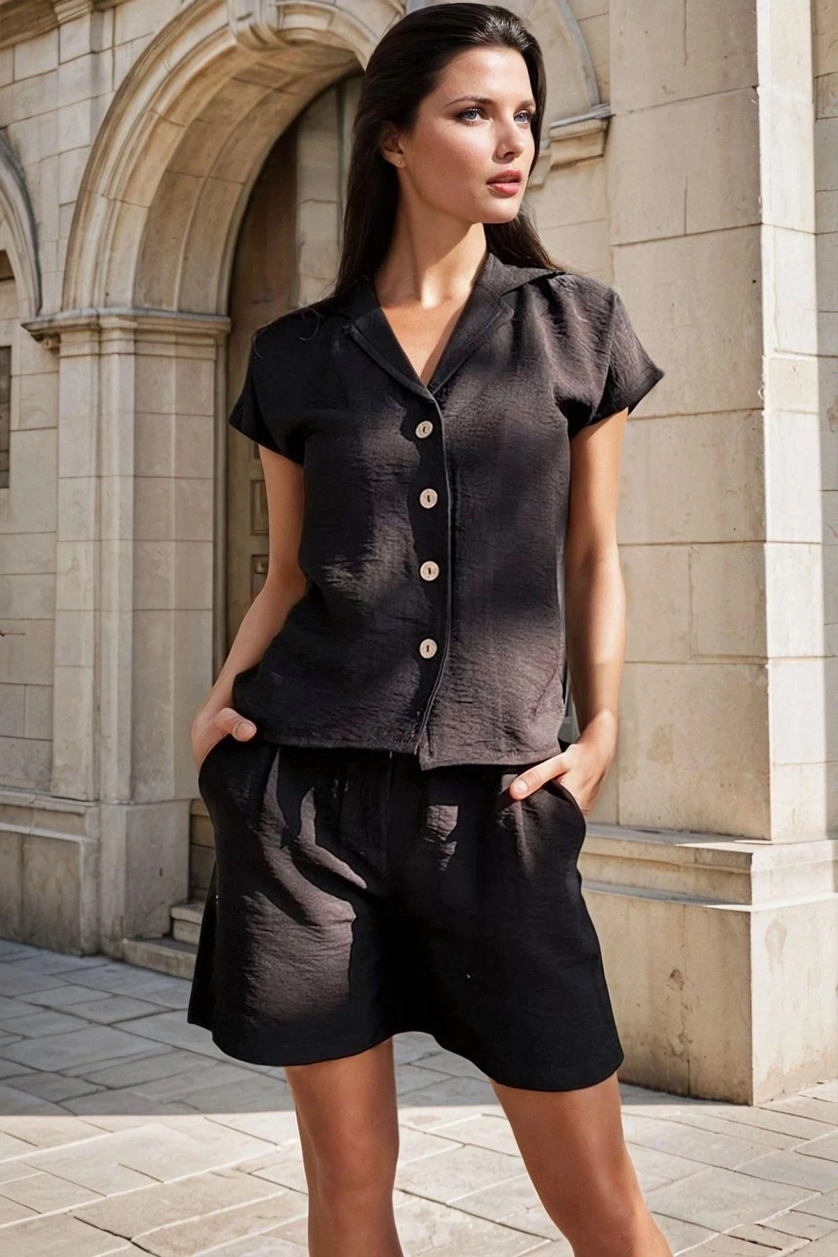 Siyah Gömlek Yaka, Tahta Düğme Detaylı Gömlek Ve Cep Detaylı Şort Takım