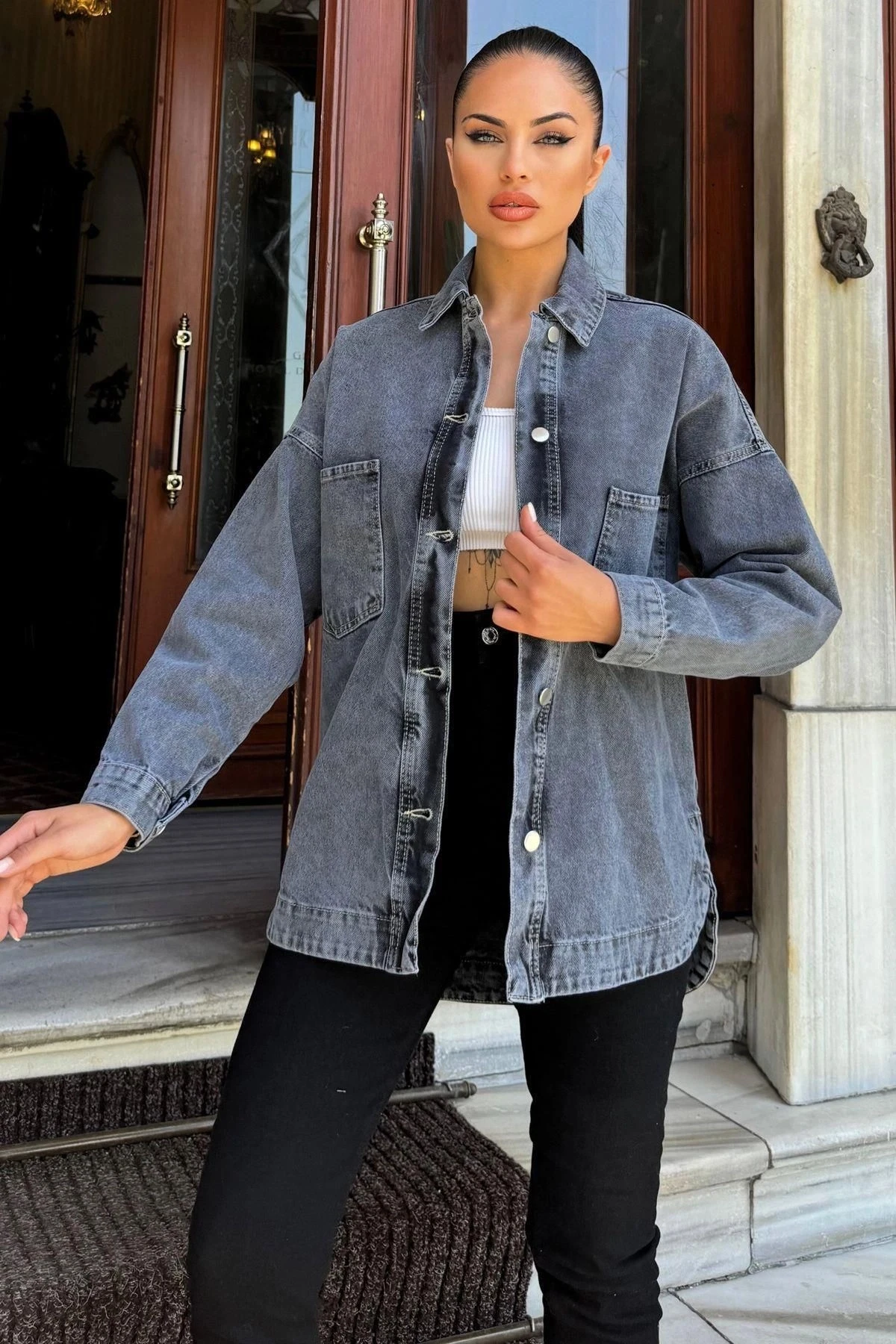 Siyah Oversize Cepli Düğmeli Denim Ceket Gömlek