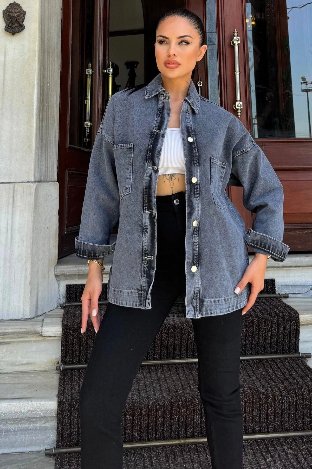 Siyah Oversize Cepli Düğmeli Denim Ceket Gömlek