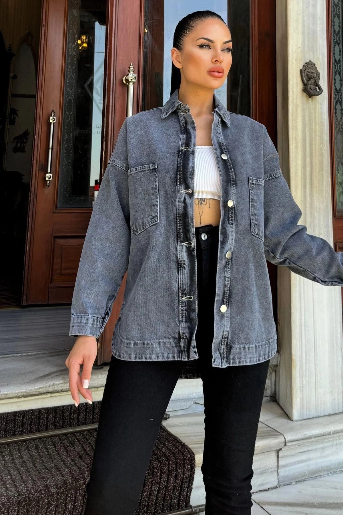 Siyah Oversize Cepli Düğmeli Denim Ceket Gömlek