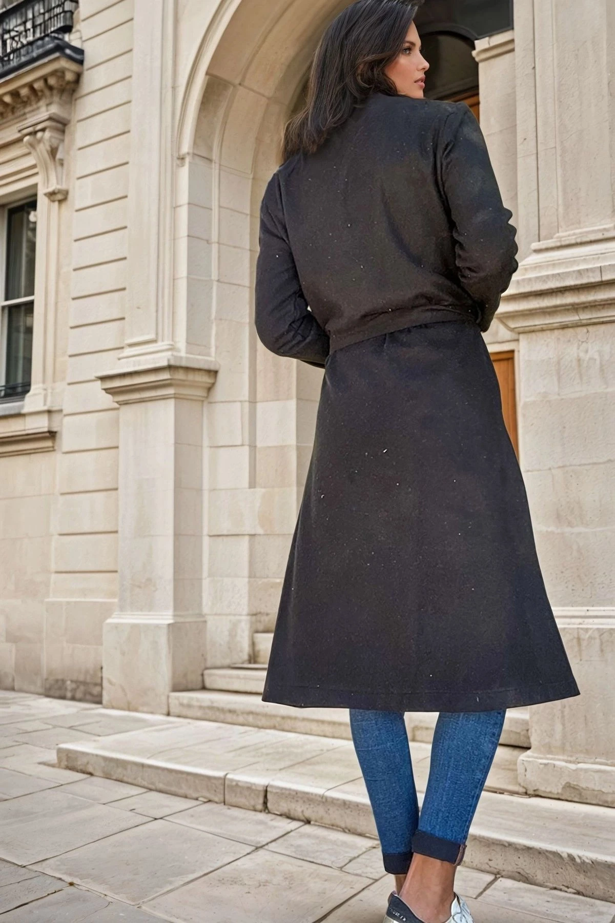 Siyah Şal Yaka, Cepli, Kuşak Detaylı, Astarsız, Uzun Kaban