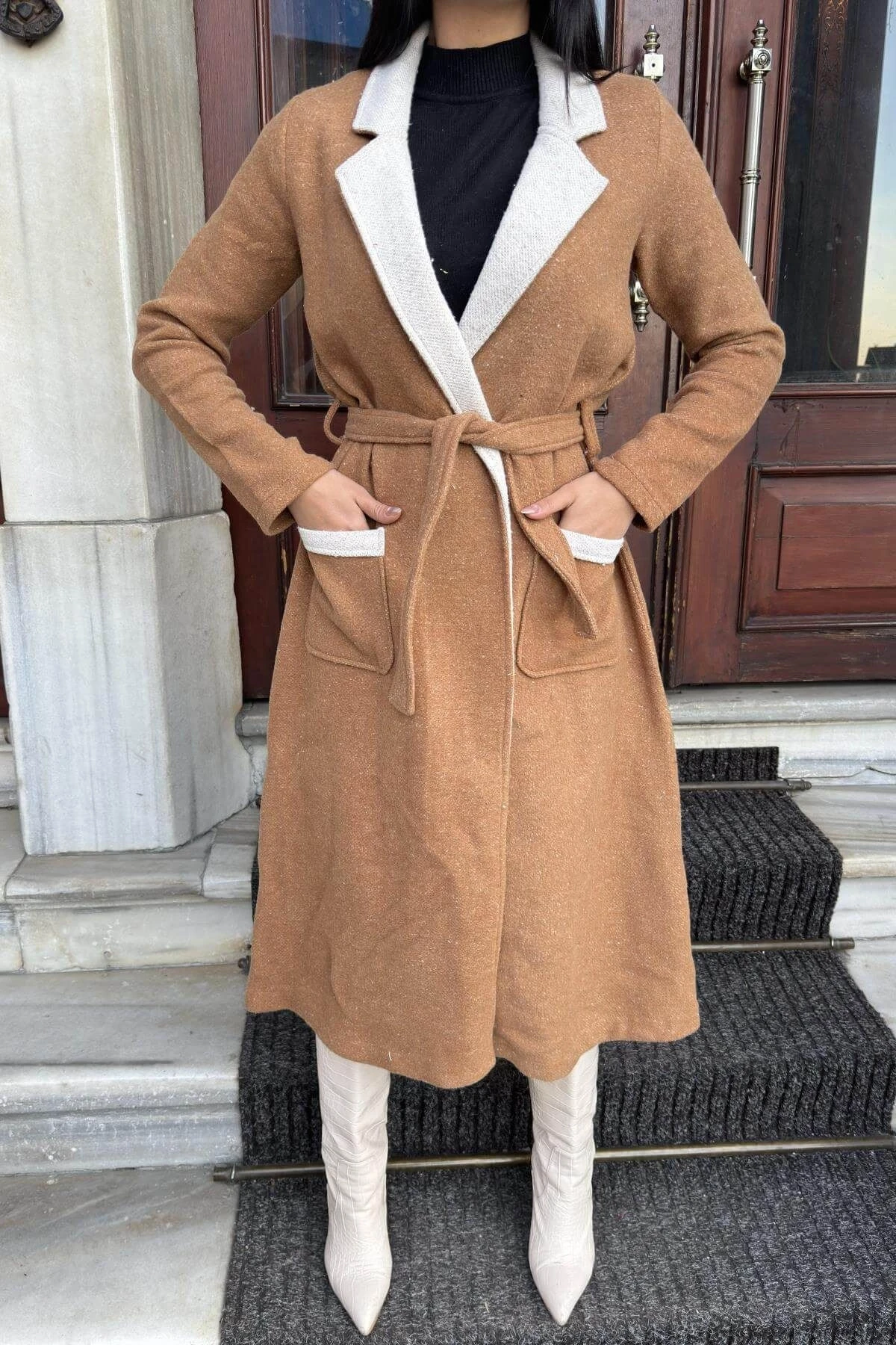 Taba Çift Taraflı Kruvaze Yaka, Kuşaklı, Yumoş Dokulu, Duble Kaşe Uzun Ceket