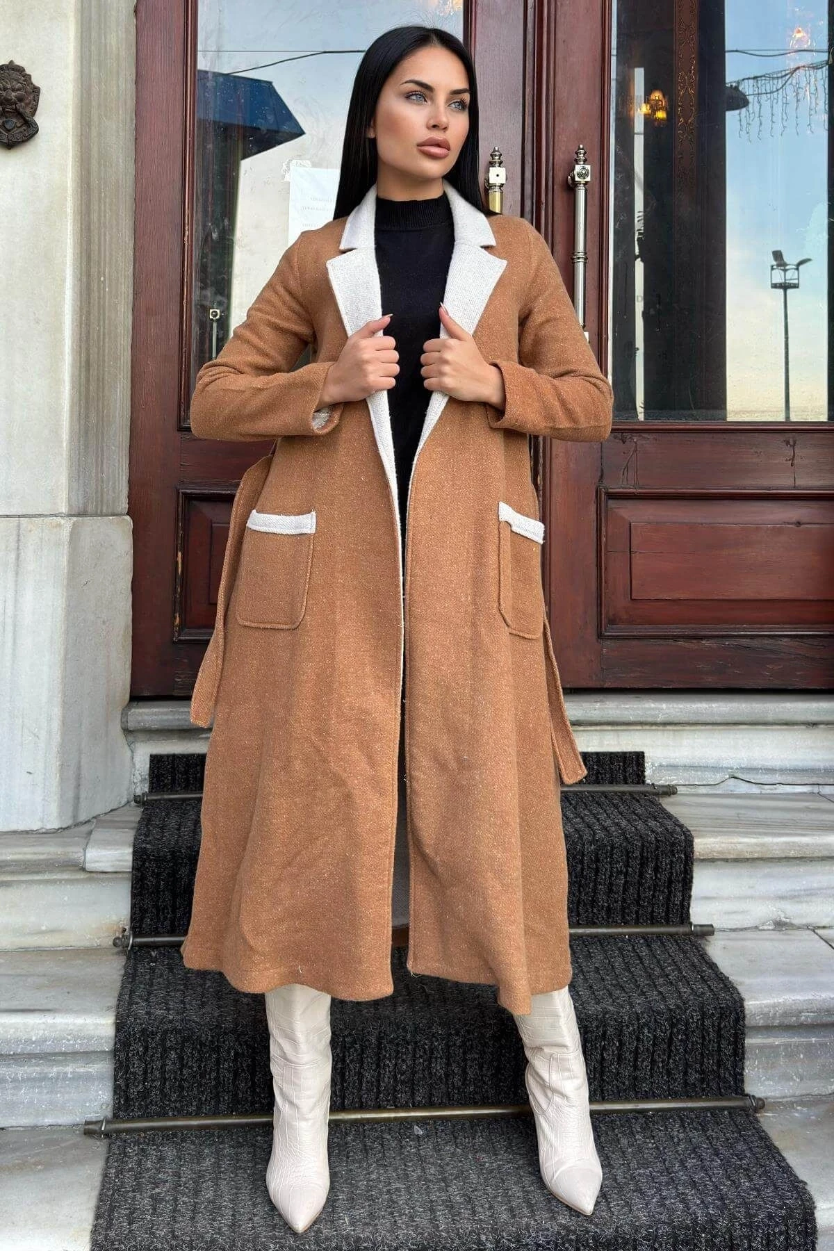 Taba Çift Taraflı Kruvaze Yaka, Kuşaklı, Yumoş Dokulu, Duble Kaşe Uzun Ceket