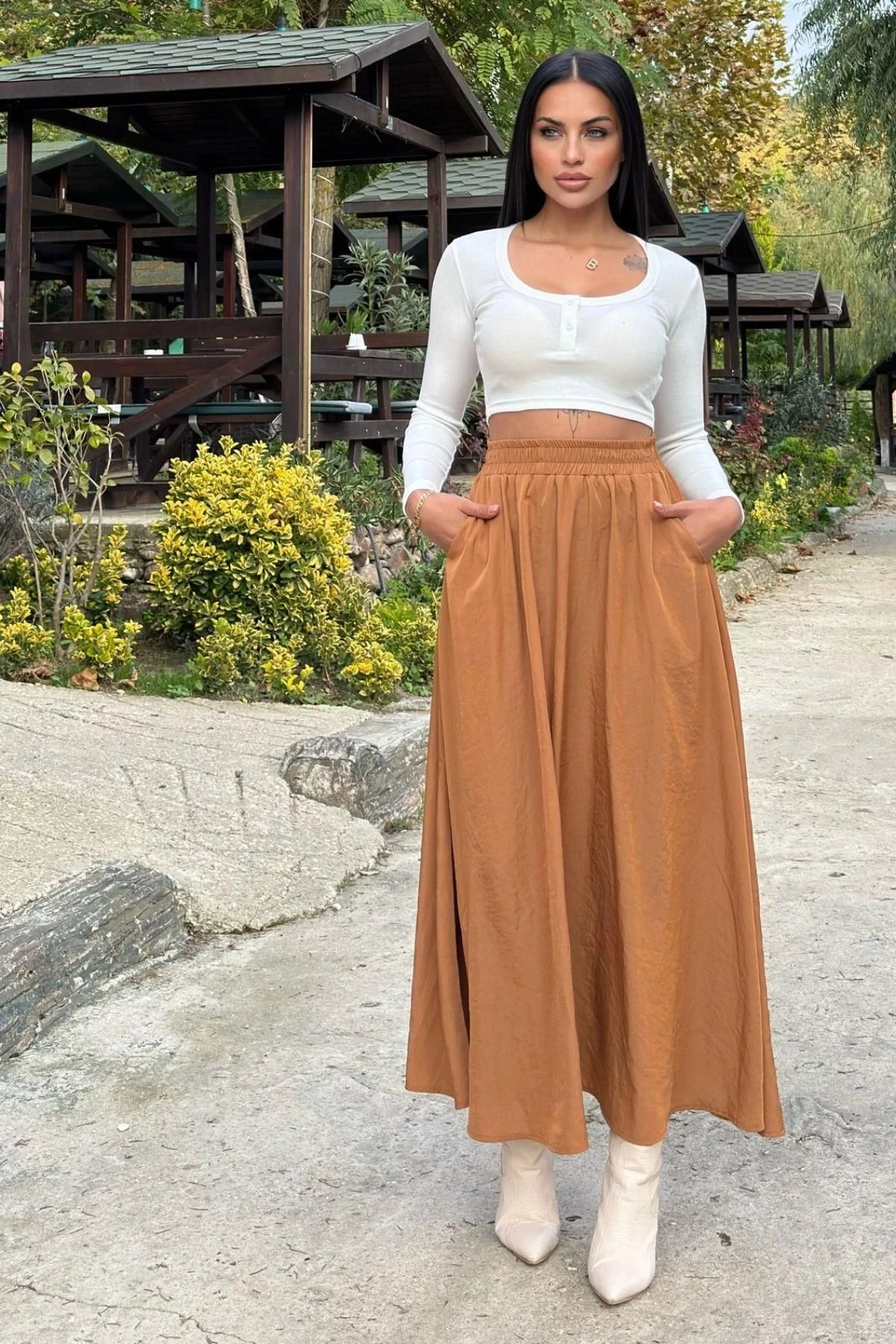 Taba Lastikli Yüksek Bel, A Kesim, Dökümlü Ve Salaş, Uzun Kupra Etek