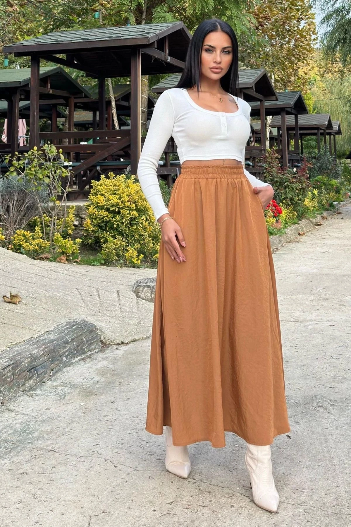 Taba Lastikli Yüksek Bel, A Kesim, Dökümlü Ve Salaş, Uzun Kupra Etek