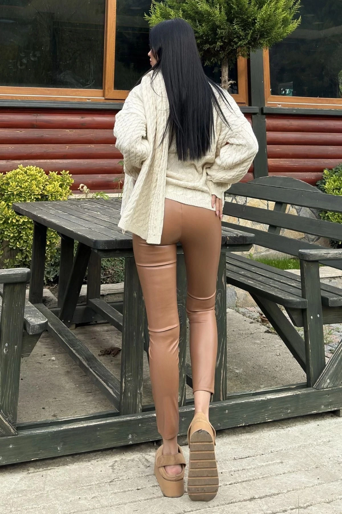 Taba Yüksek Bel, Arkası Lastikli, Esnek Deri Tayt