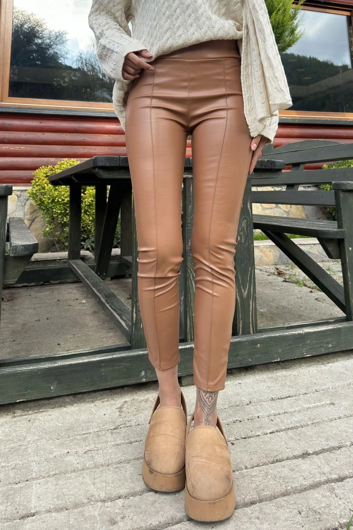 Taba Yüksek Bel, Arkası Lastikli, Esnek Deri Tayt