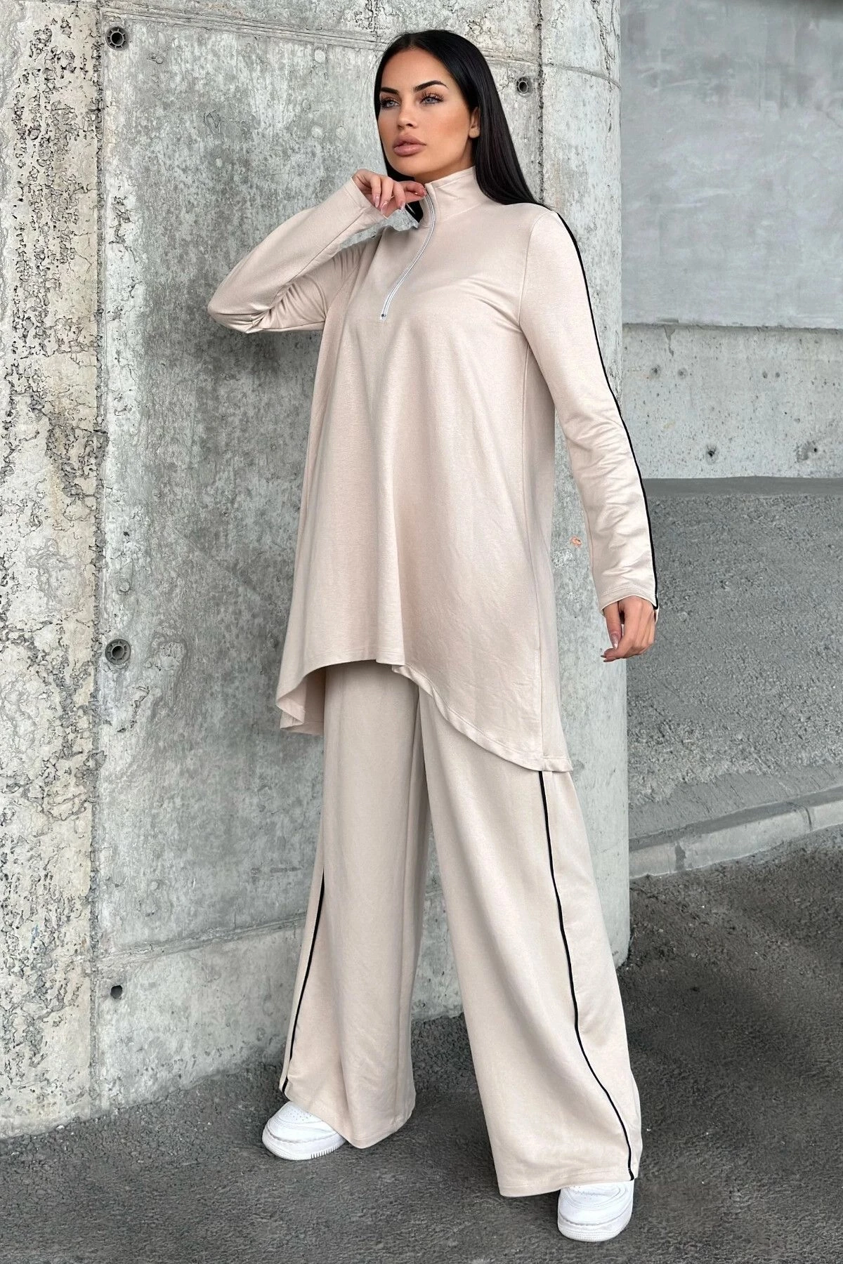 Taş Asimetrik Kesim, Fermuarlı Bluz & Bol Paça Pantolon - Viskon İki İplik Kumaş Alt & üst Takım