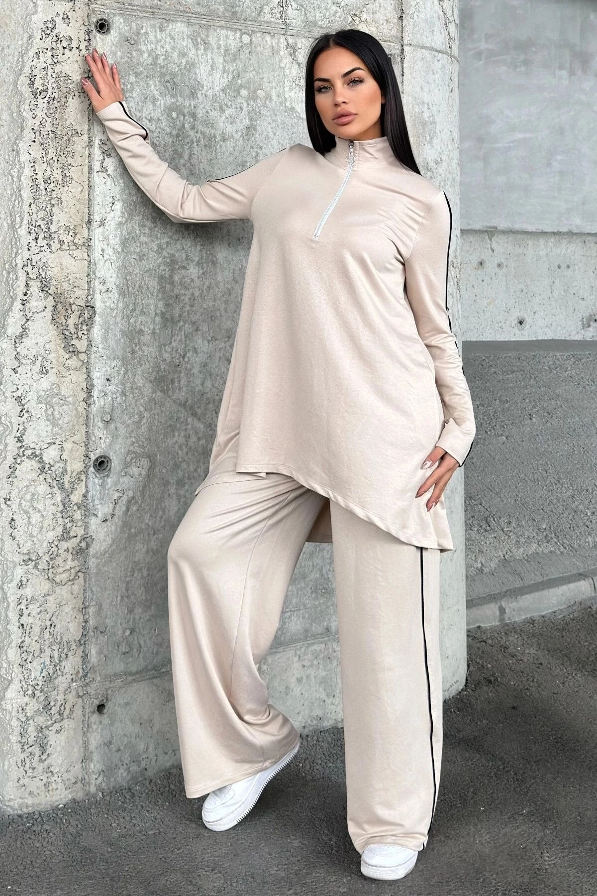 Taş Asimetrik Kesim, Fermuarlı Bluz & Bol Paça Pantolon - Viskon İki İplik Kumaş Alt & üst Takım