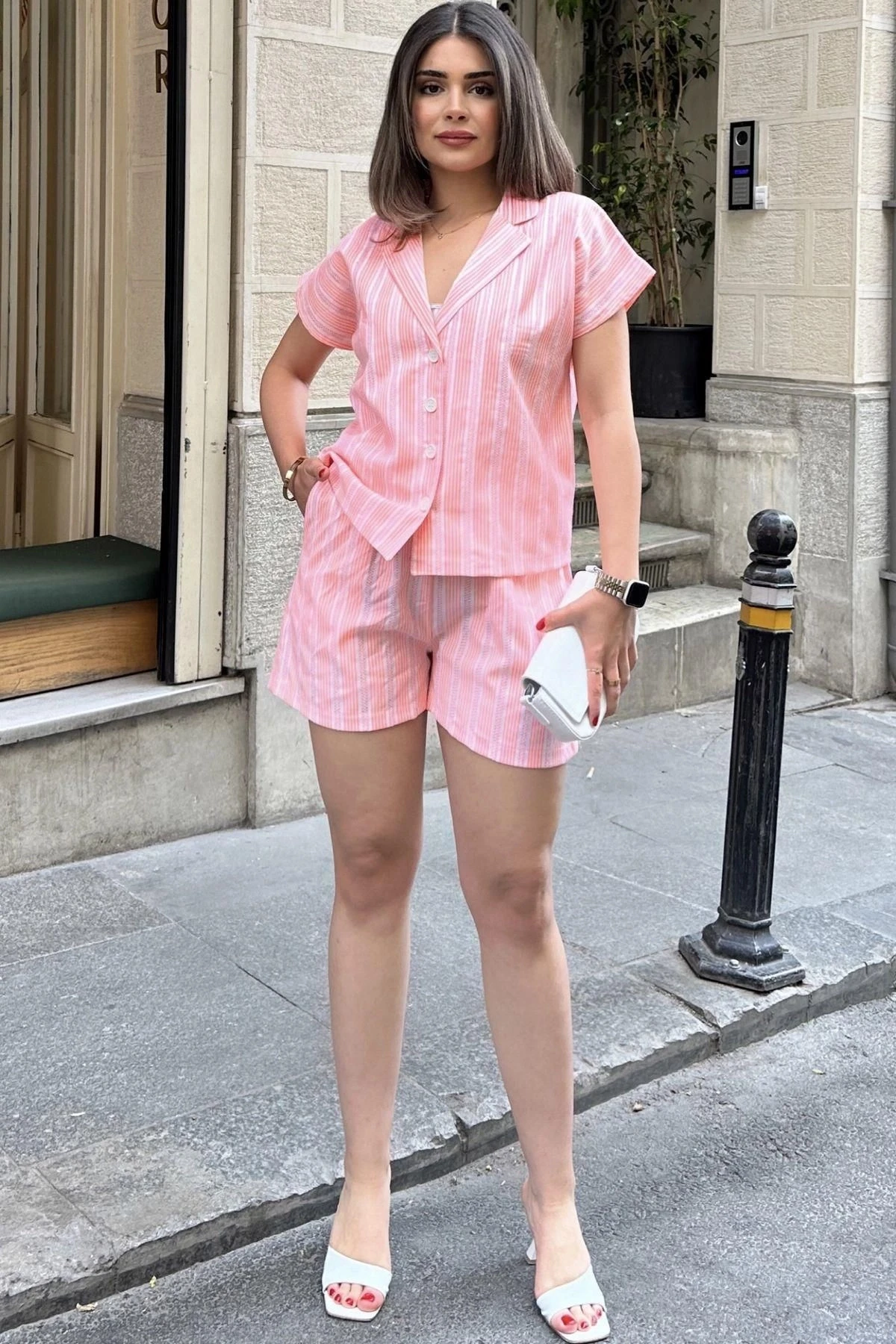 Turuncu Apaş Yaka, Kısa Kol Gömlek & Beli Lastikli, Cepli Şort - Çizgi Desen Fisto Alt Üst Takım