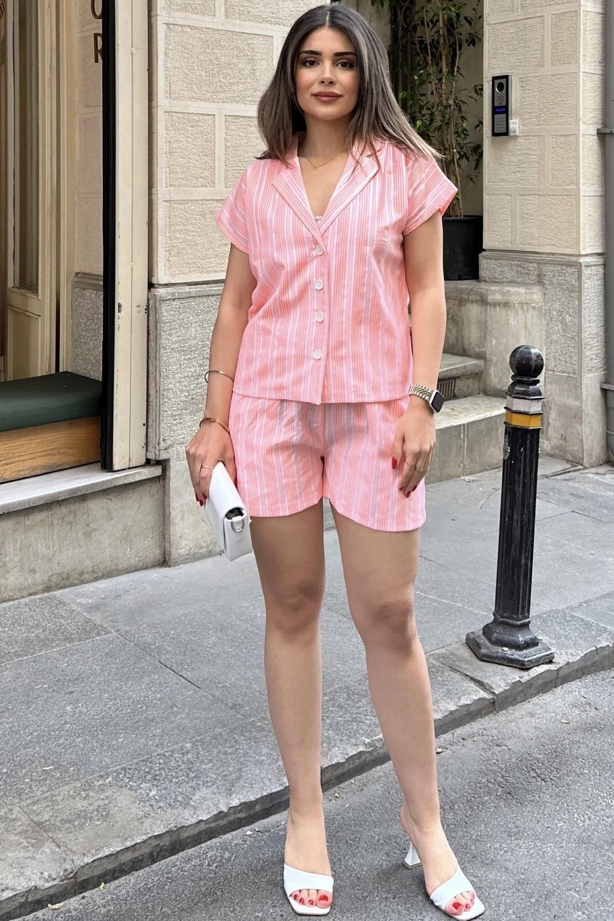 Turuncu Apaş Yaka, Kısa Kol Gömlek & Beli Lastikli, Cepli Şort - Çizgi Desen Fisto Alt Üst Takım