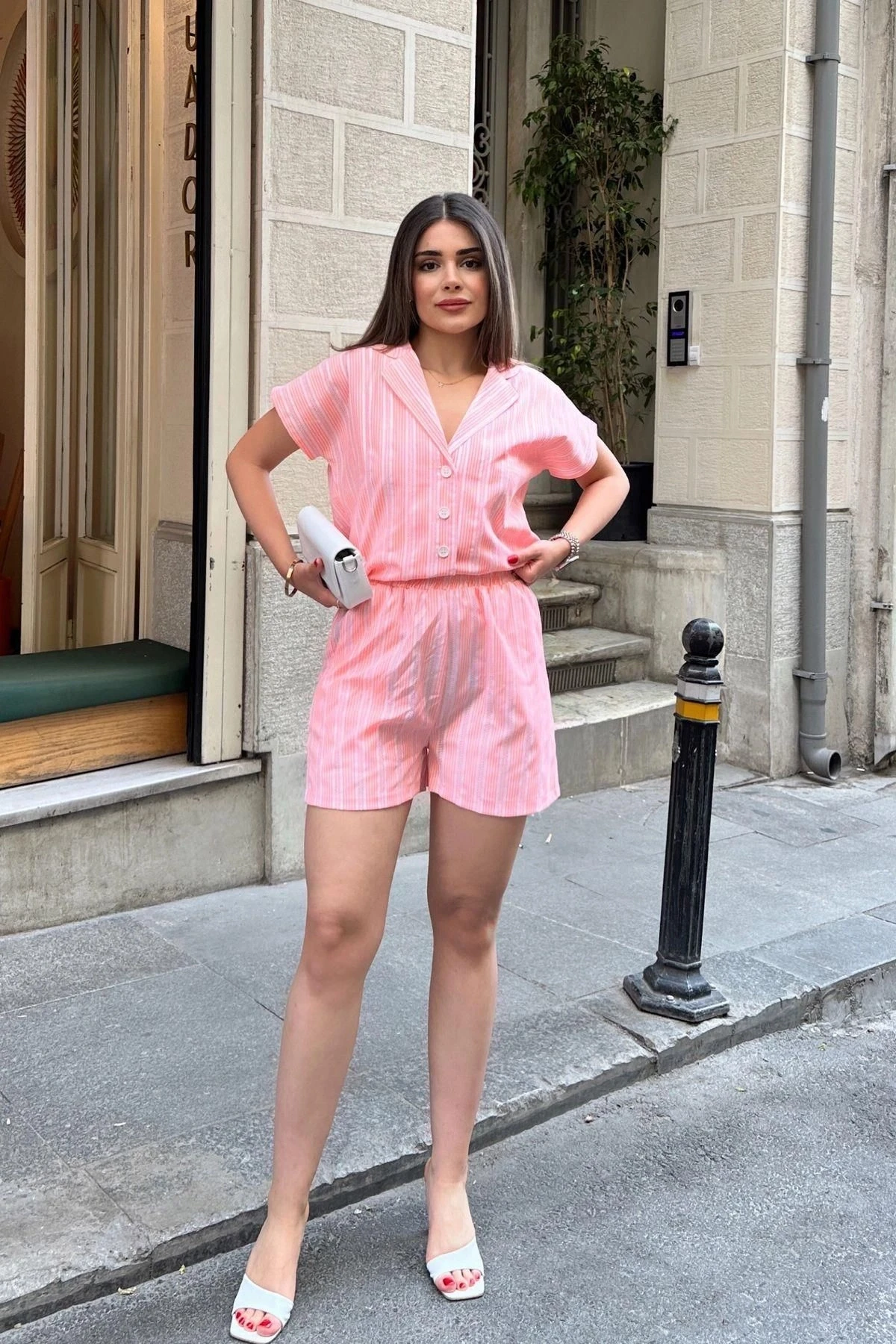 Turuncu Apaş Yaka, Kısa Kol Gömlek & Beli Lastikli, Cepli Şort - Çizgi Desen Fisto Alt Üst Takım