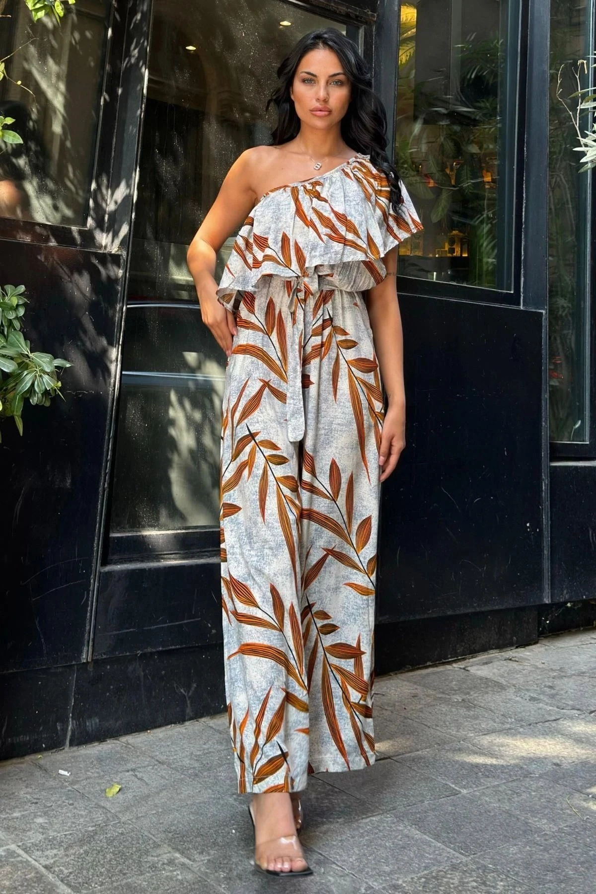 Turuncu Tek Omuz Fırfır Detaylı Tulum