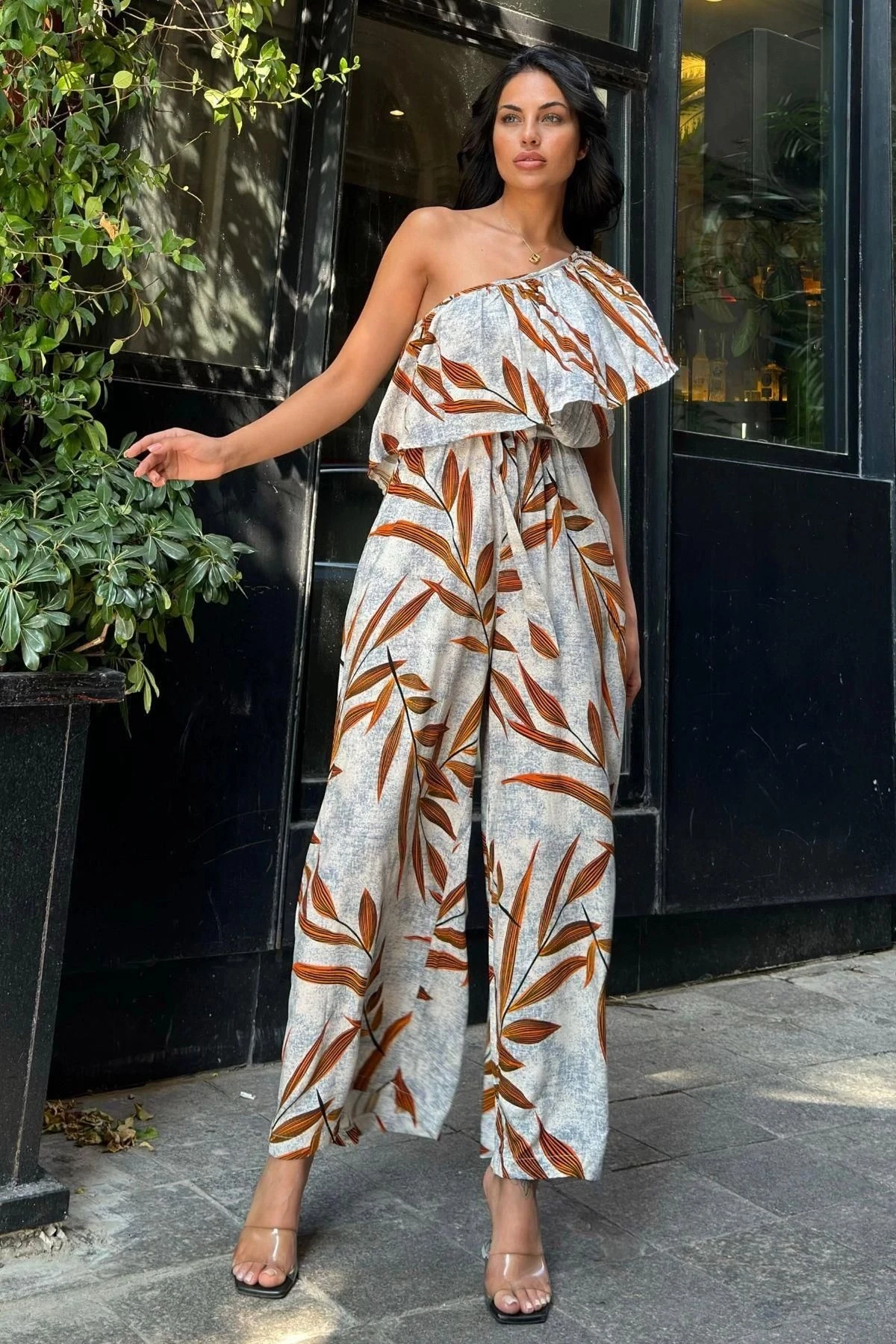 Turuncu Tek Omuz Fırfır Detaylı Tulum