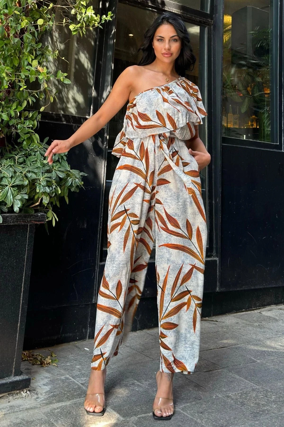 Turuncu Tek Omuz Fırfır Detaylı Tulum