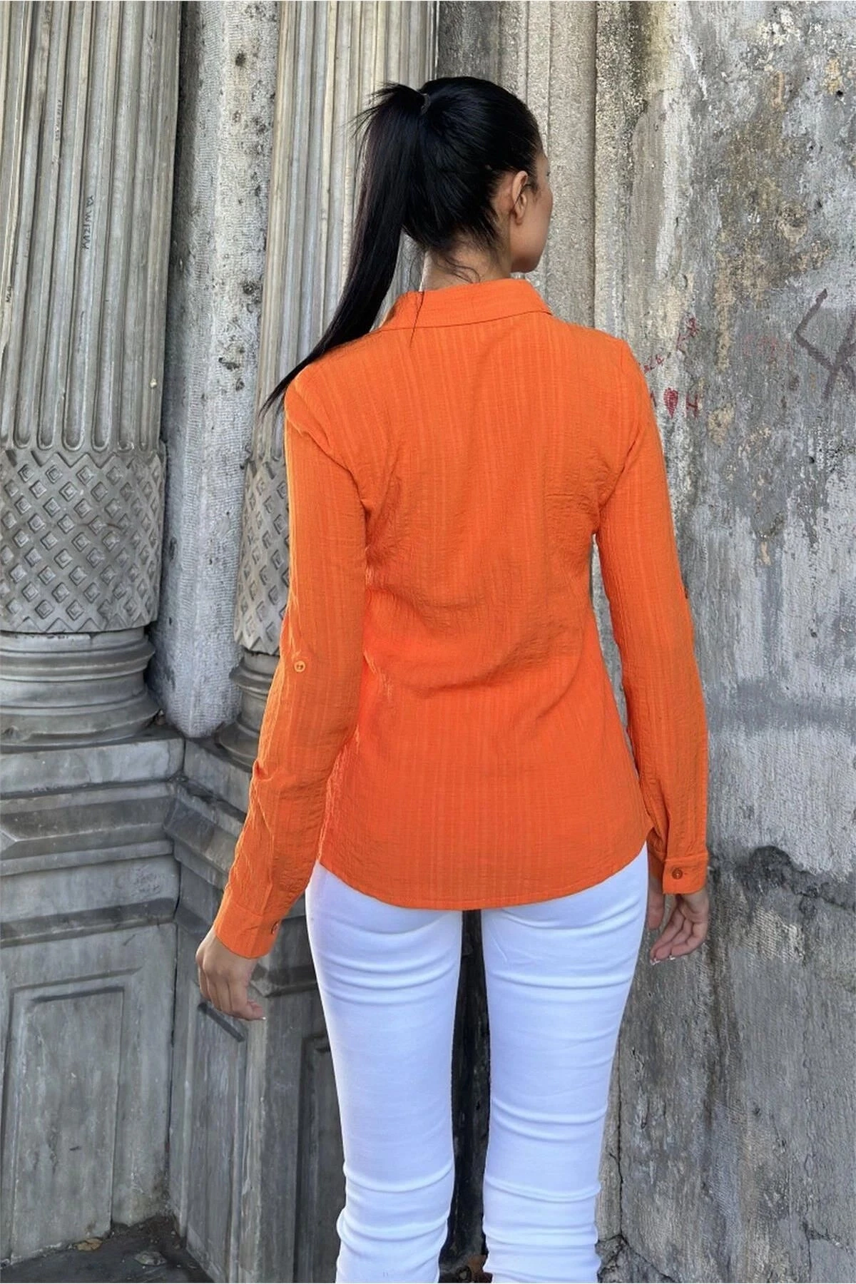 Turuncu Uzun Kol, Çizgili Desen, Maya Gömlek