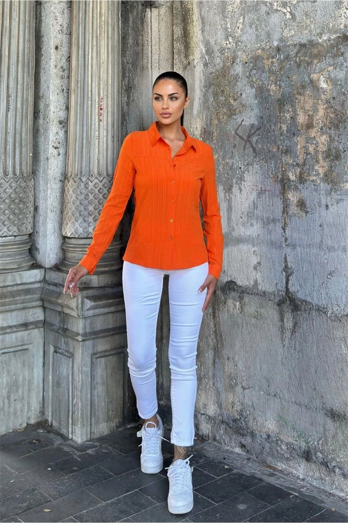 Turuncu Uzun Kol, Çizgili Desen, Maya Gömlek