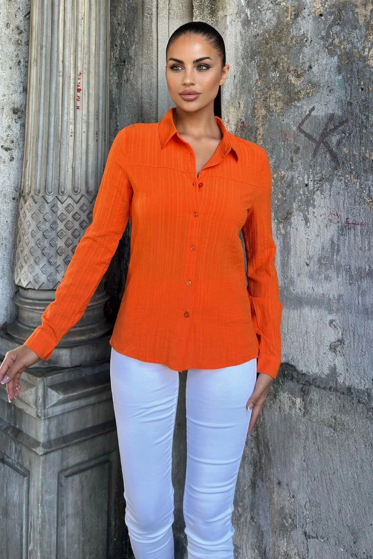 Turuncu Uzun Kol, Çizgili Desen, Maya Gömlek