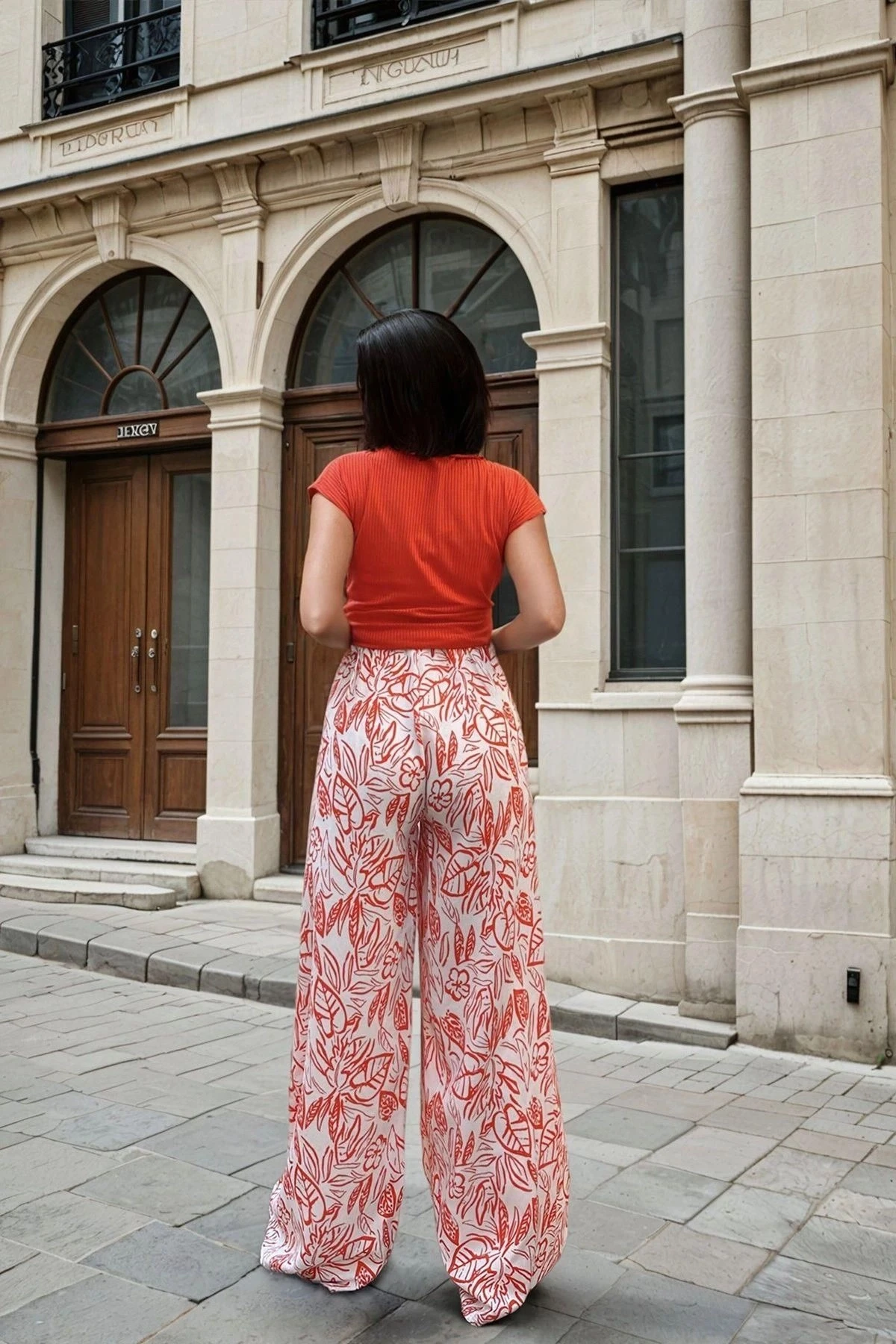 Turuncu Yüksek Bel, Tropikal Desenli, Bol Kesim Pantolon